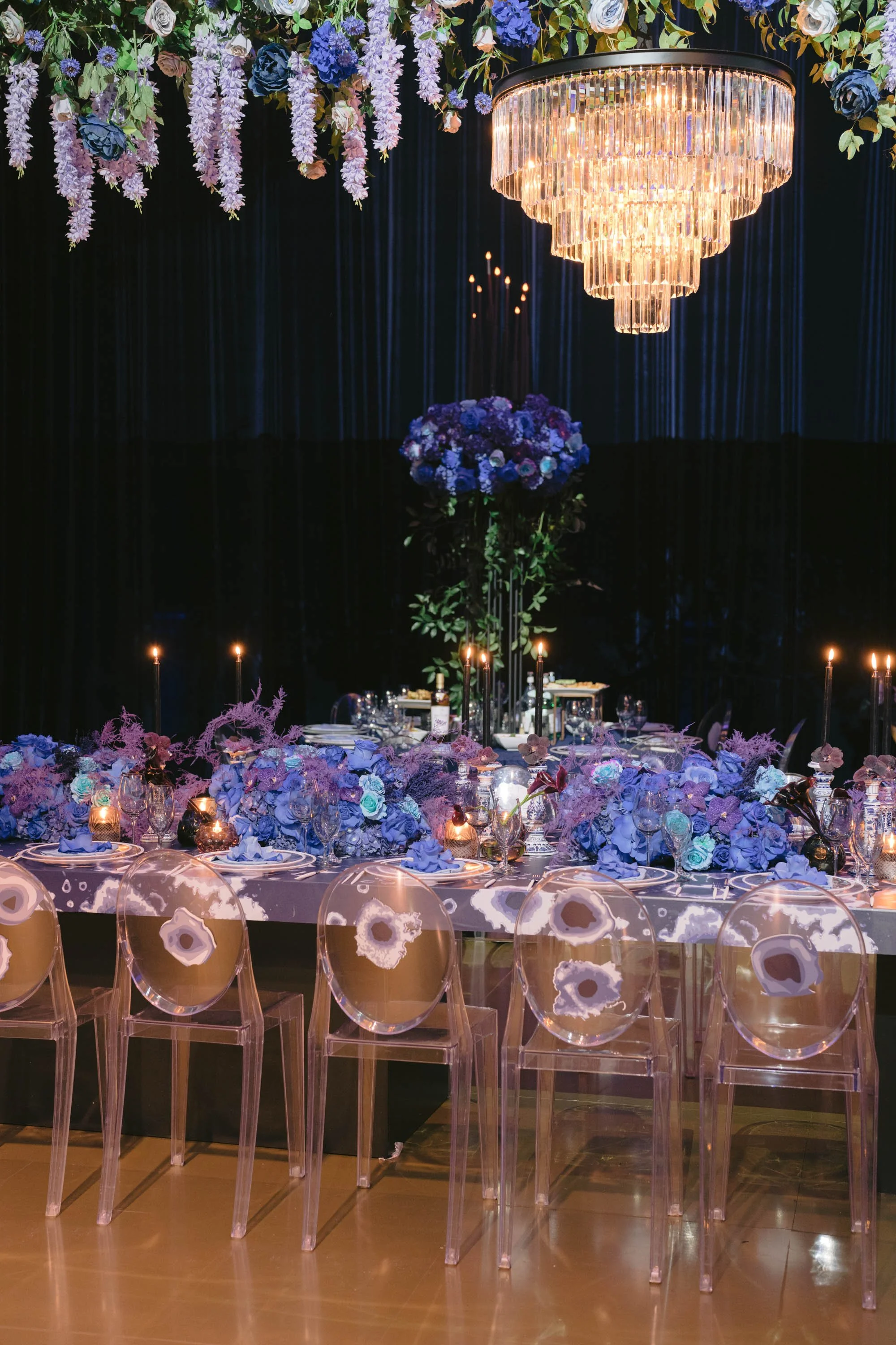 Luxury Birthday Party Setup with Blue Floral Centerpieces and Elegant Table Styling by an Event Planner Los Angeles