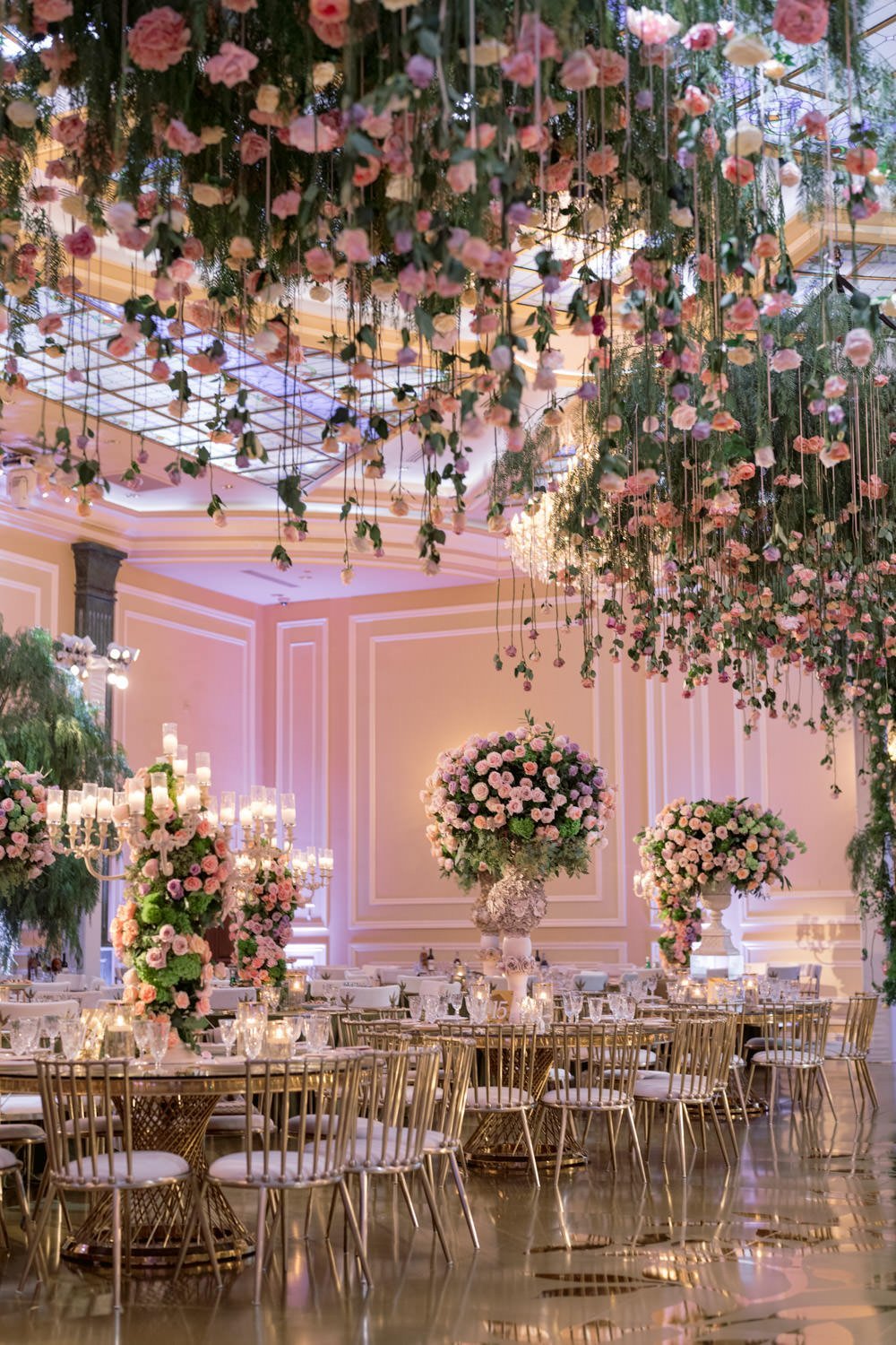 Hanging pink roses at a wedding reception at Taglyan Cultural Complex, designed by Eddie Zaratsian Lifestyle and Design