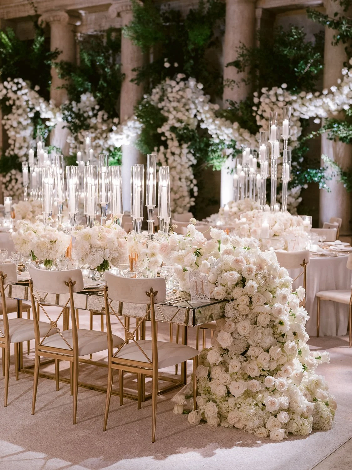 All-White Wedding Reception with Crystal Decor and Clean, Modern Styling