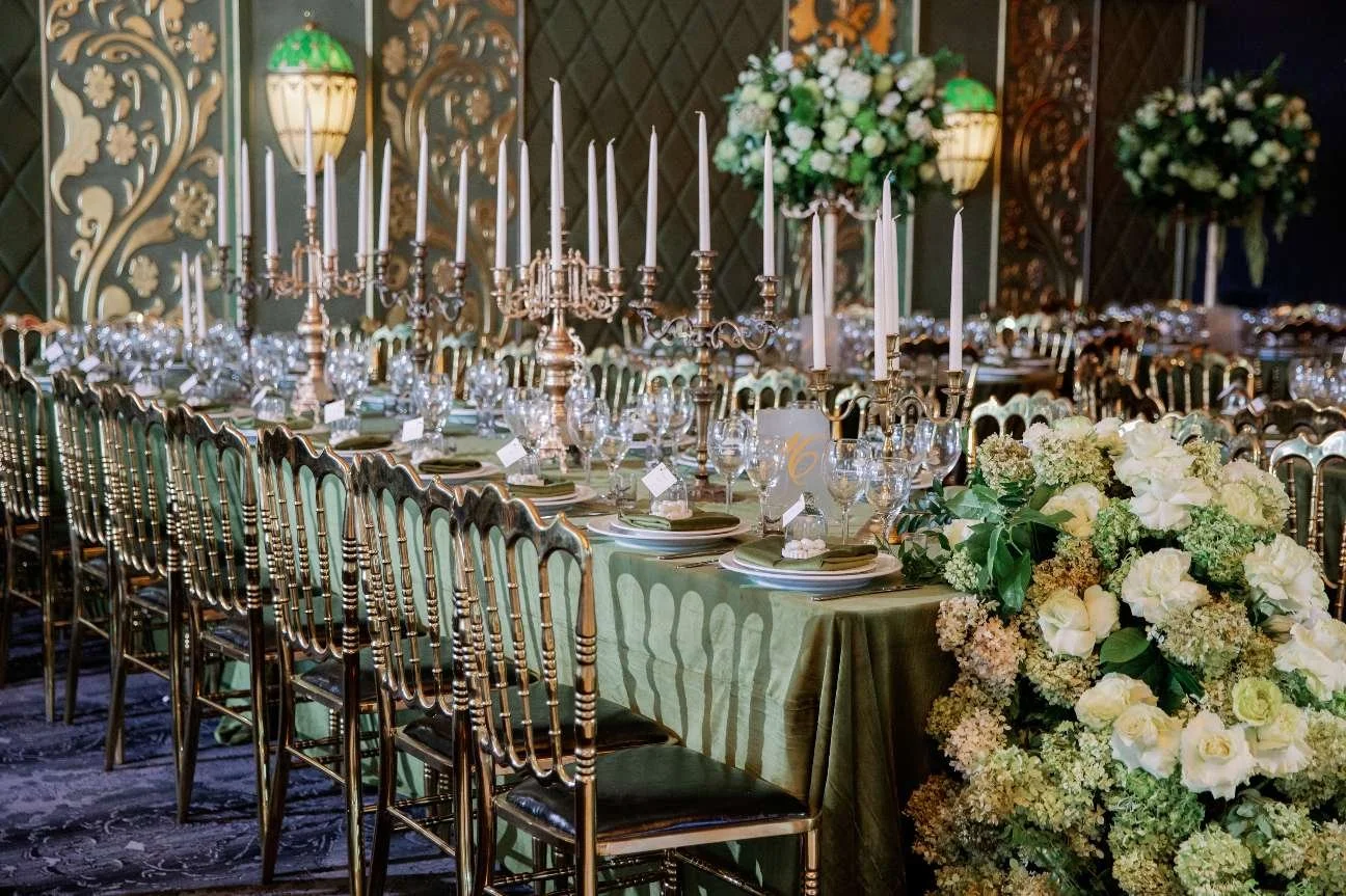 Green Wedding Reception Design with Organic Decor and Elevated Seasonal Florals