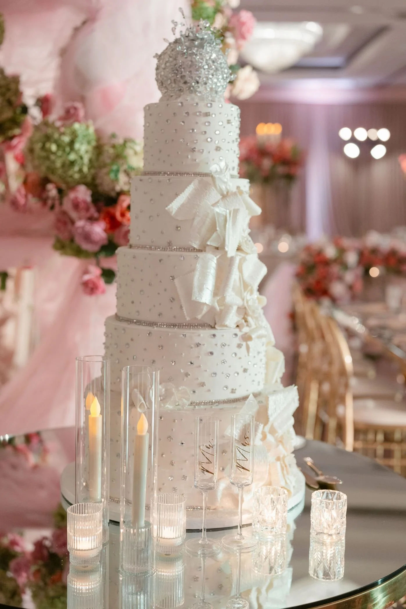 Custom Wedding Cake with Sparkling Embellishments Styled by a Wedding Planner