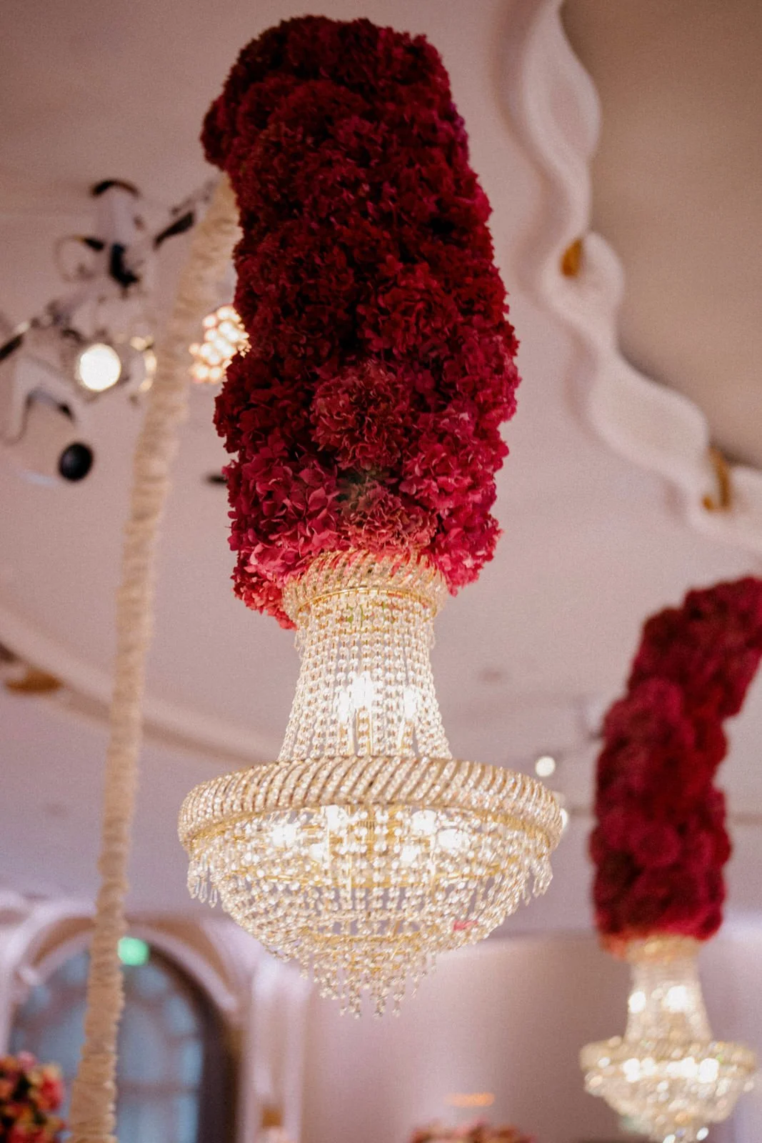 Wedding Ceiling Decor with Hanging Florals in Red Los Angeles Reception