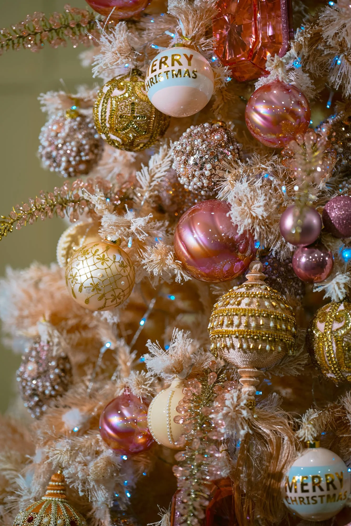 Pink Christmas tree with pink and rose gold ornaments, Los Angeles holiday decorating