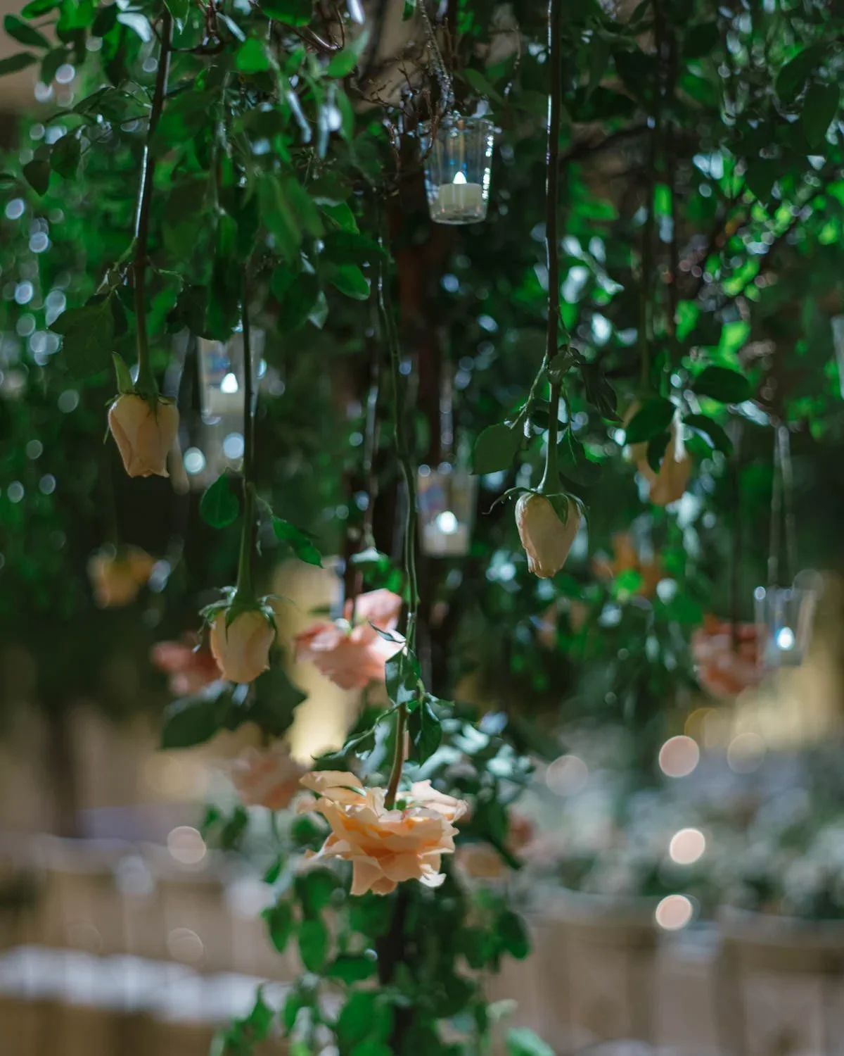Tree-Inspired Centerpieces with Cascading Greenery Creating an Enchanted Setting at the Beverly Hills Hotel