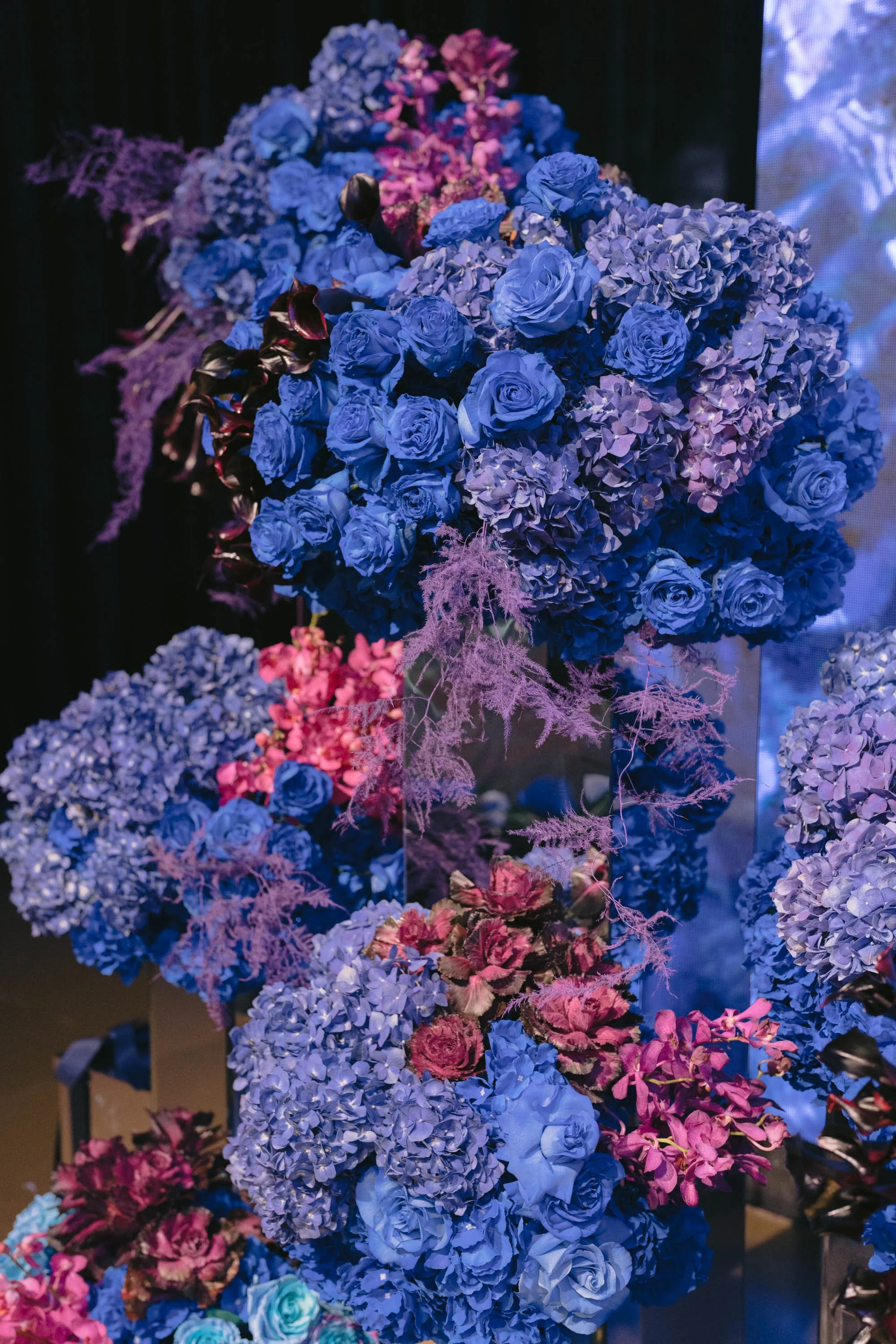 Blue and Purple Birthday Party Florals with Layered Arrangements and Luxe Table Styling in Los Angeles