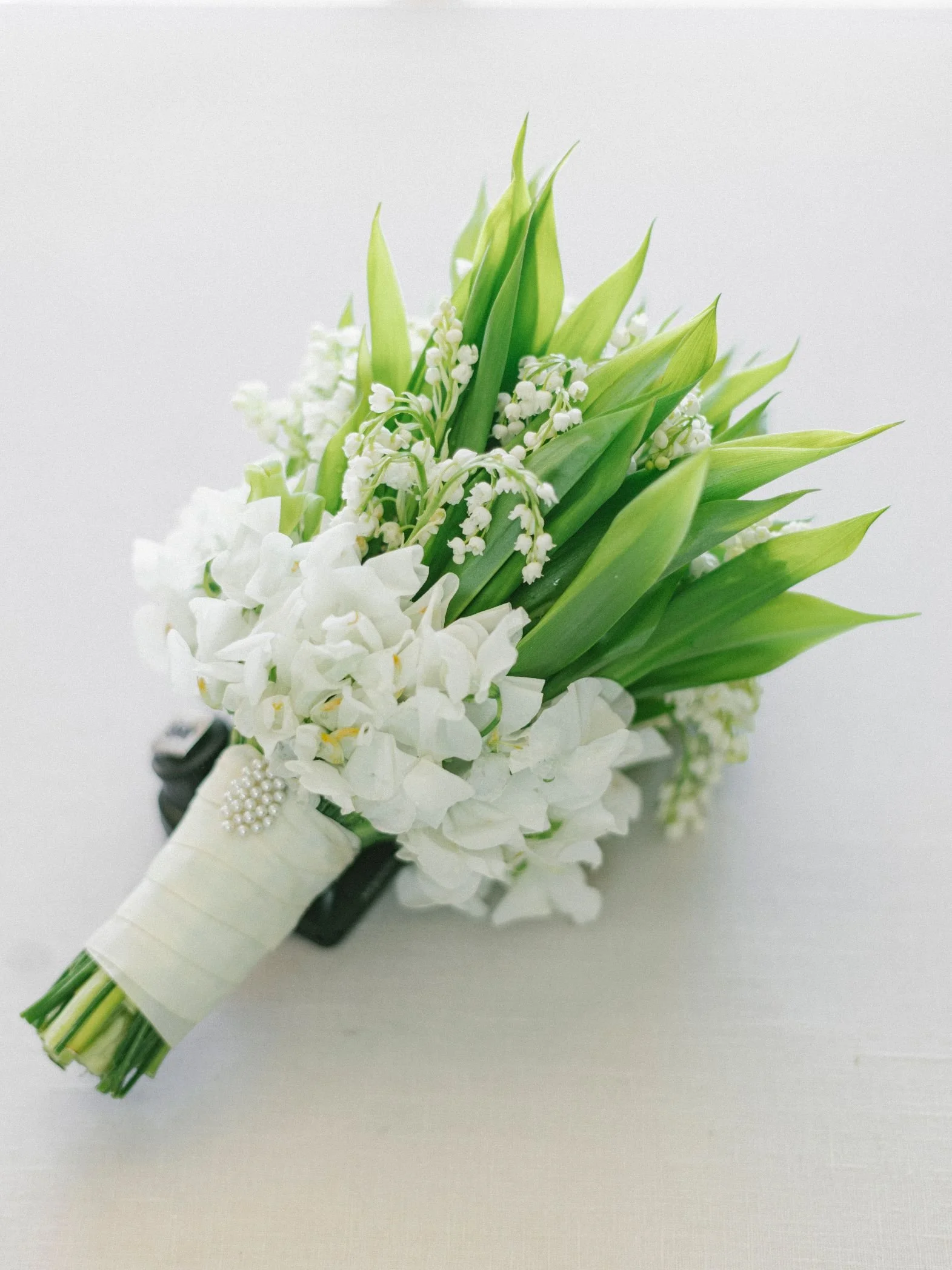 Bridal Bouquet with White Blooms and Fresh Greenery Styled for a Beverly Hills Hotel Wedding