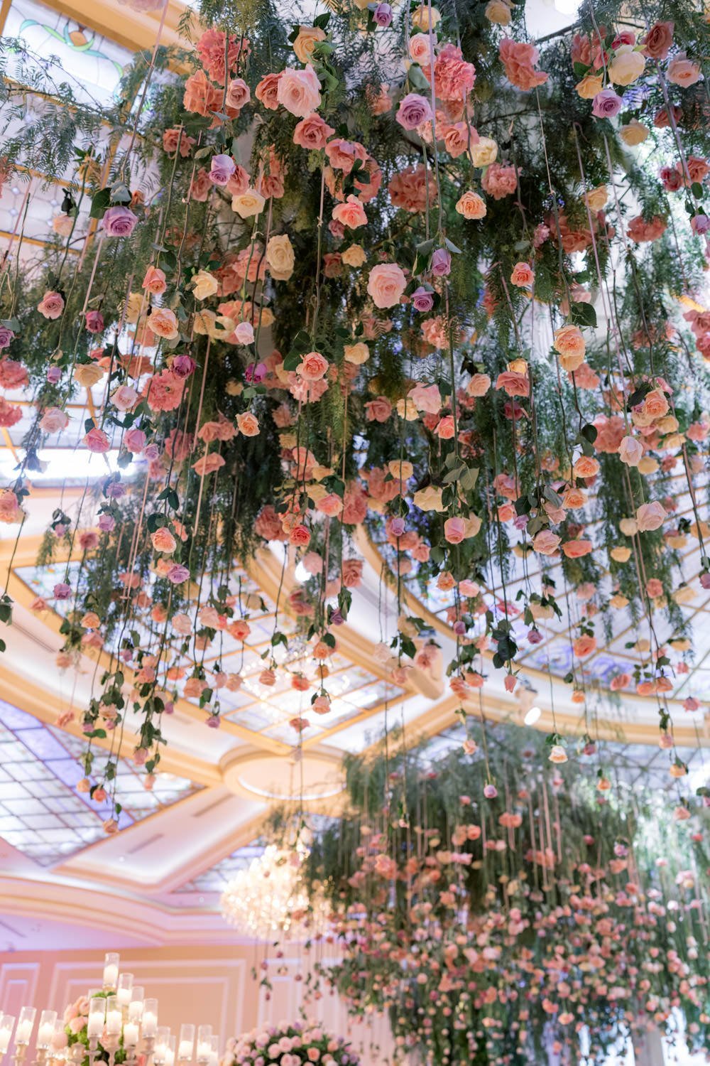 Hanging pink roses at a wedding reception at Taglyan Cultural Complex, designed by Eddie Zaratsian Lifestyle and Design