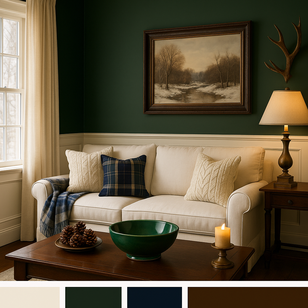 Natural winter decor accents with wood and woven textures, calm hygge interior design