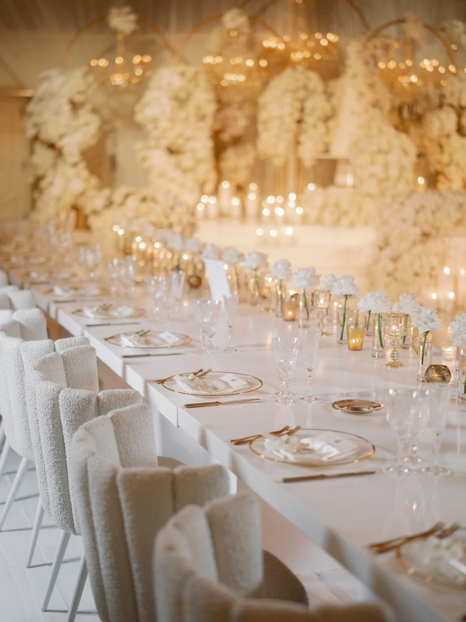 Wedding Reception in Beverly Hills Featuring Custom Table Layouts and All-White Styling