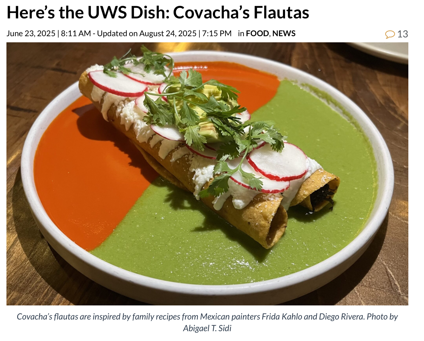 Covacha’s Flautas Featured on the West Side Rag