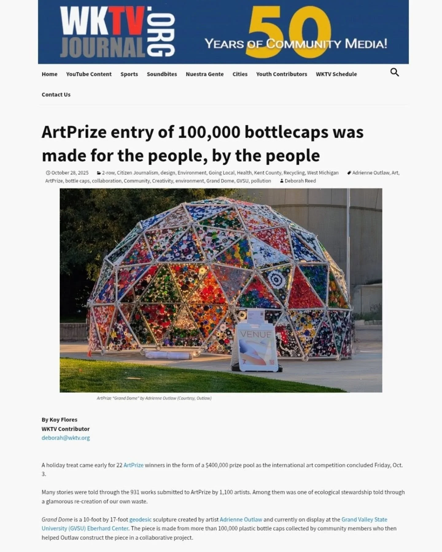 Feeling grateful for the in-depth reporting by Koy Flores @wktvjournal. He did a great job of capturing what I'm doing. Thanks again to all the people who made this work possible. Hope you can take the time to read it! 

#gvsuartmuseum 
#GrandDome 
#