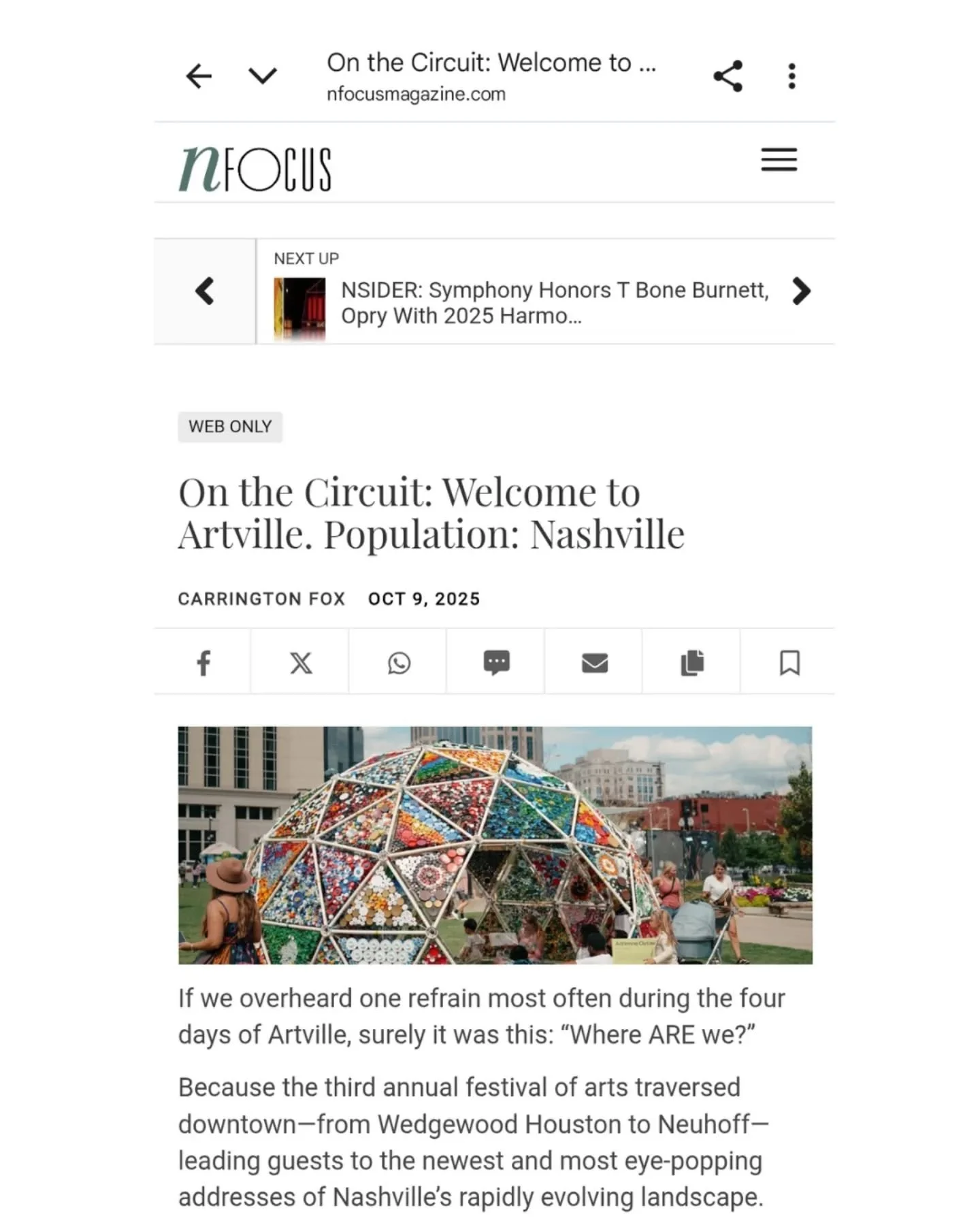 Even as I'm rebuilding the dome in my St Louis studio to test new iterations of the work, I'm still reflecting on @artvillenash, which provided the opportunity to bring my work to Nashville! Thanks @nfocusmagazine  and @carringtonnfox for the great c