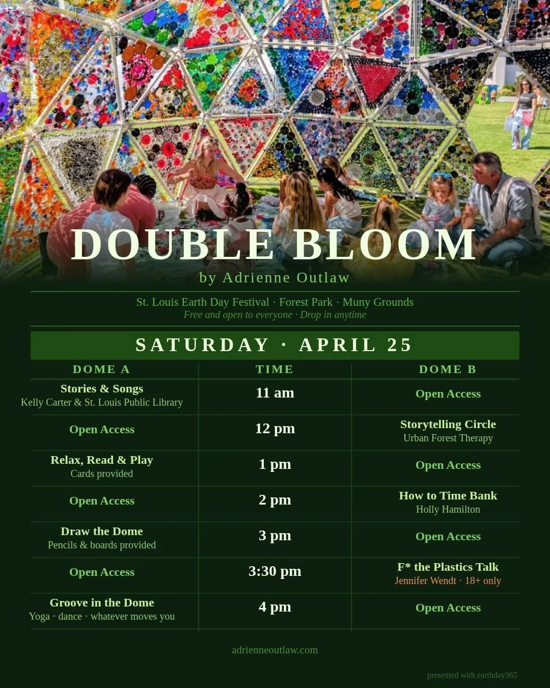 Double Bloom programming is live for this weekend at the St. Louis Earth Day Festival in Forest Park!

Storytime, music, movement, conversation, and open access throughout both days&mdash;drop in anytime and stay as long as you like.

All events are 