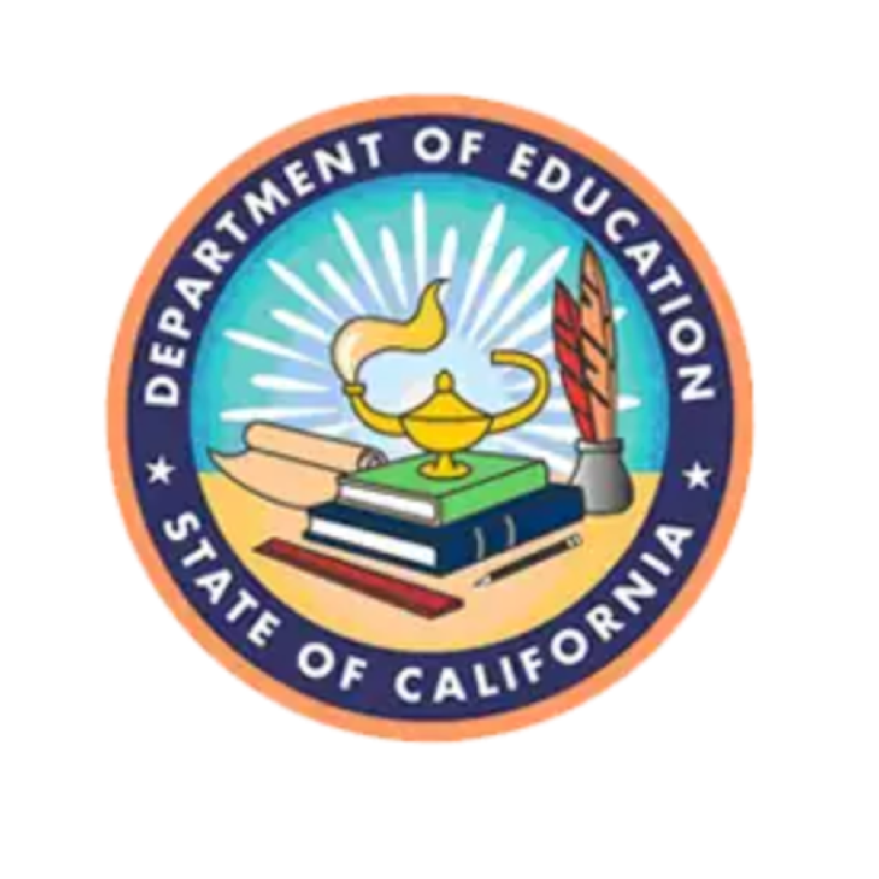Seal of the California Department of Education featuring a book, a scroll, a quill, a lamp, and a lamp with a flame.