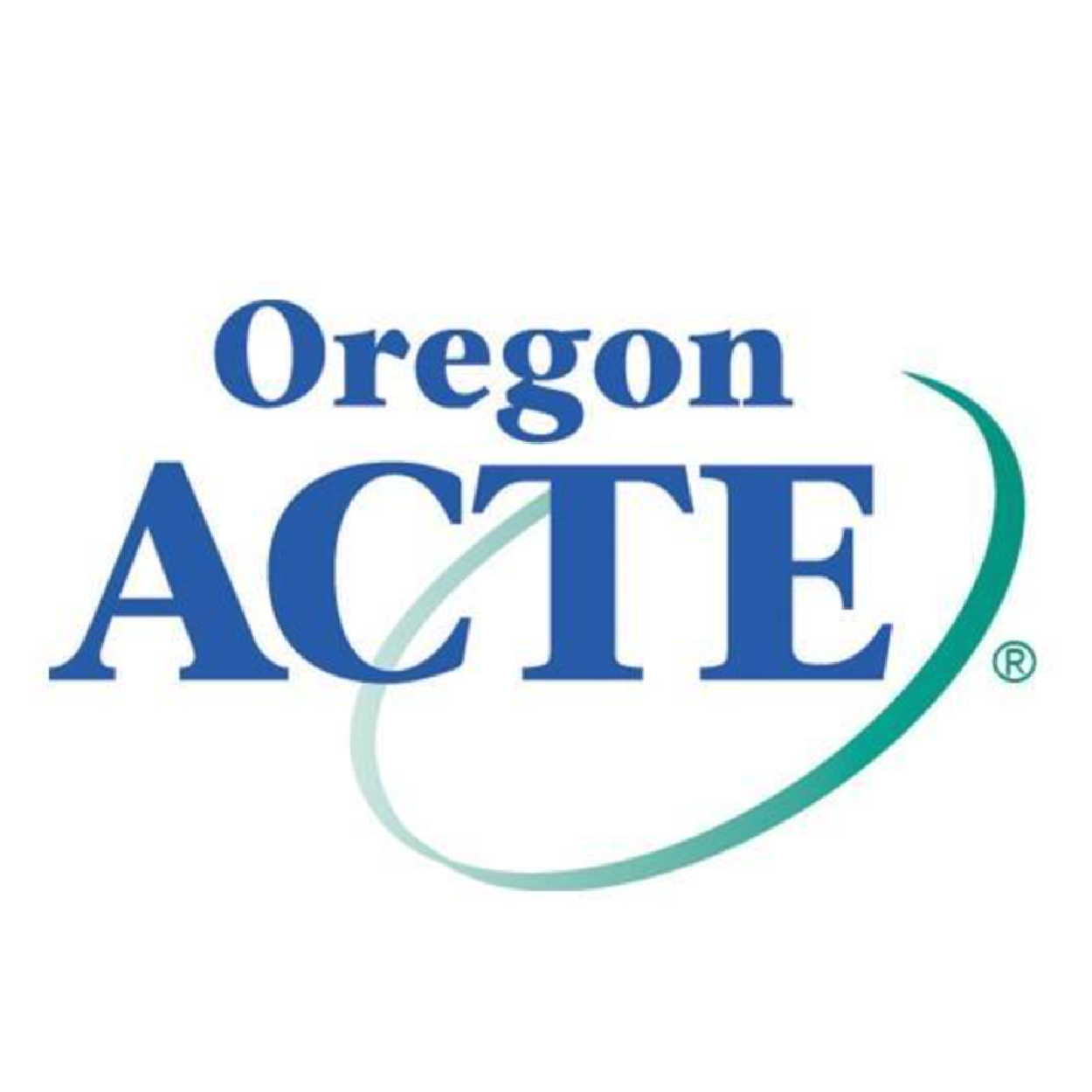 Logo for Oregon ACTE with the words 'Oregon' and 'ACTE' in blue text, featuring a curved line.