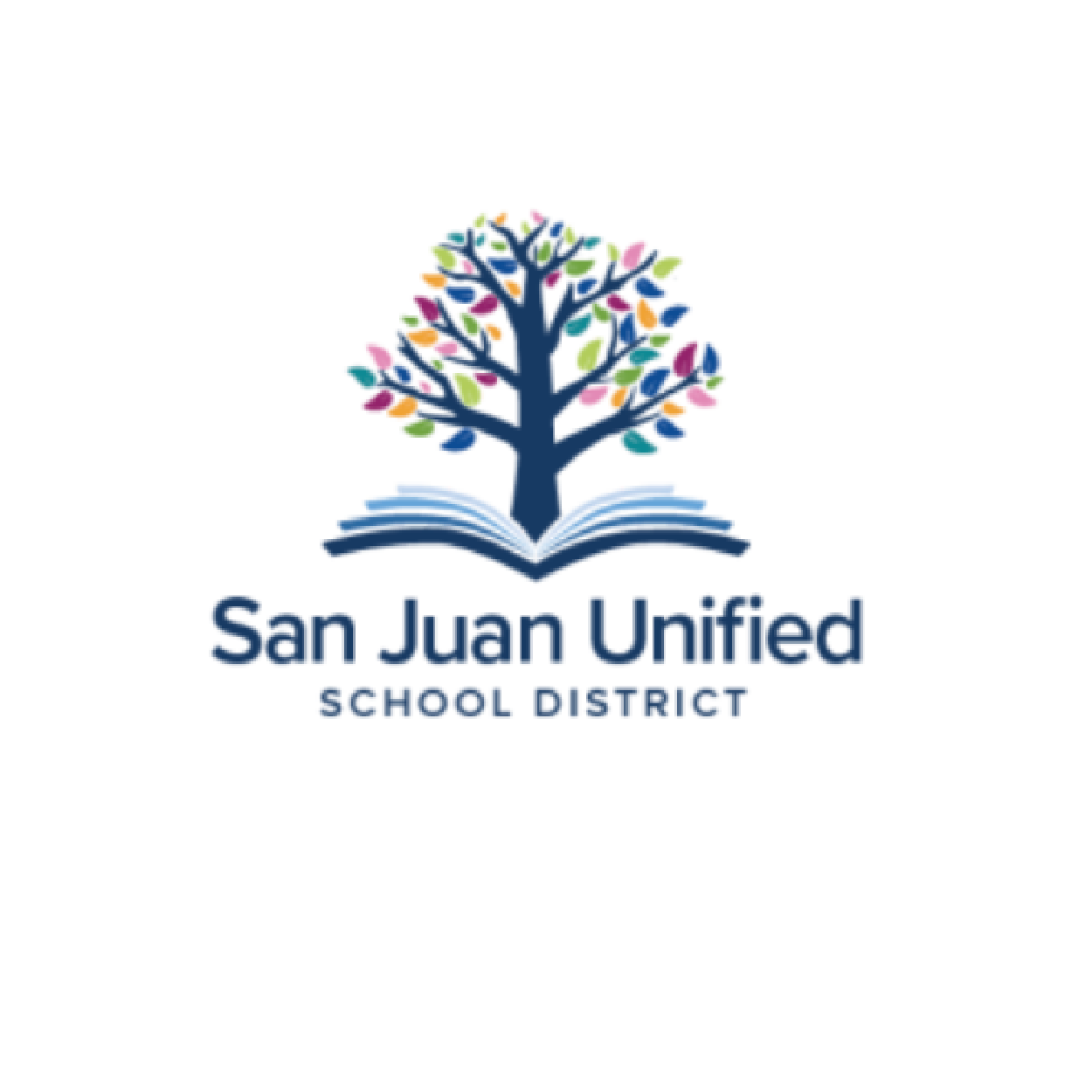 San Juan Unified School District logo featuring a colorful tree growing from an open book.