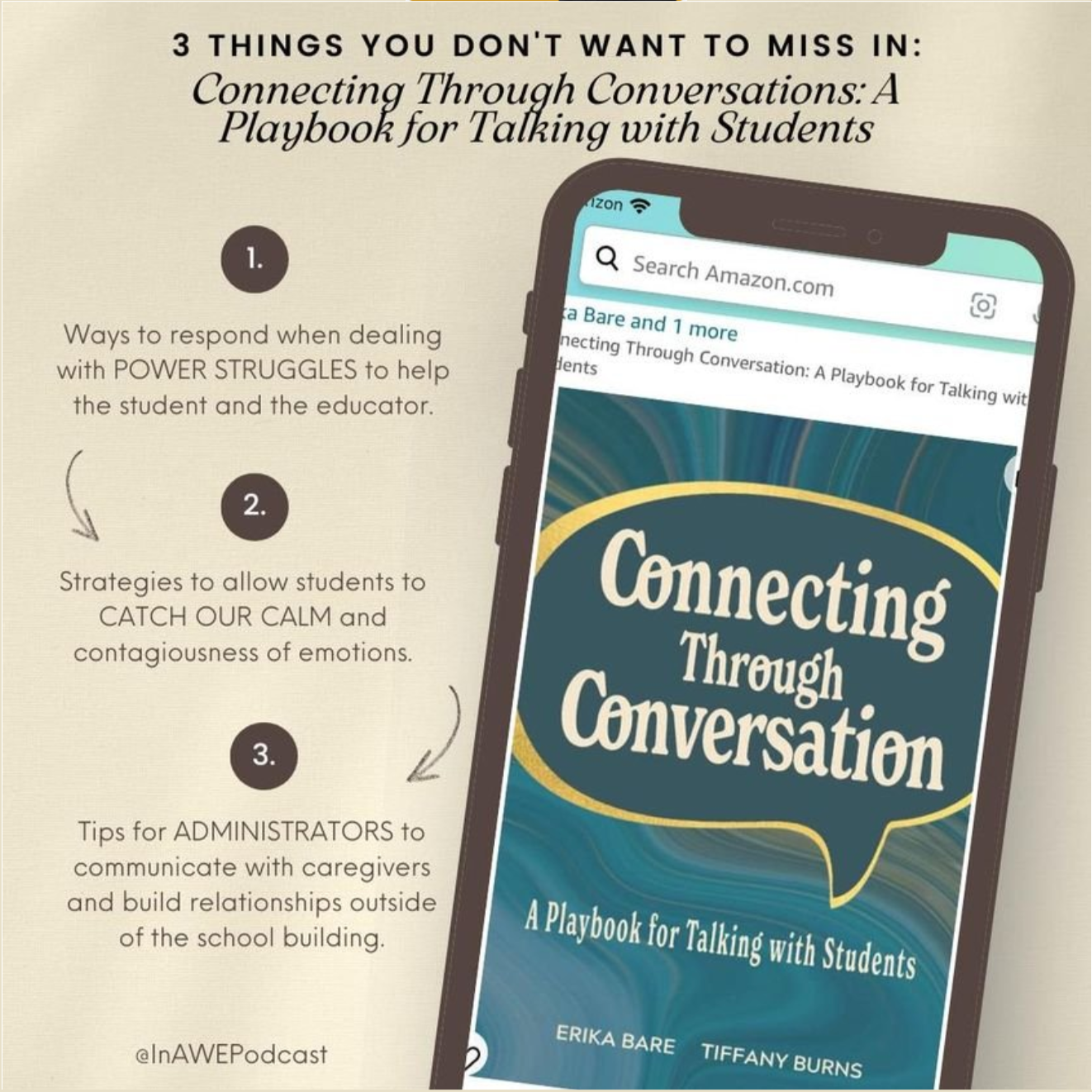 A promotional image for the IN AWE Podcast featuring Sarah Johnson, with a book titled 'Connecting Through Conversation: A Playbook for Talking with Students' by Erika Bare and Tiffany Burns. The image lists three key areas for connecting with students: responding to power struggles, strategies for managing emotions, and tips for administrators to communicate with caregivers.