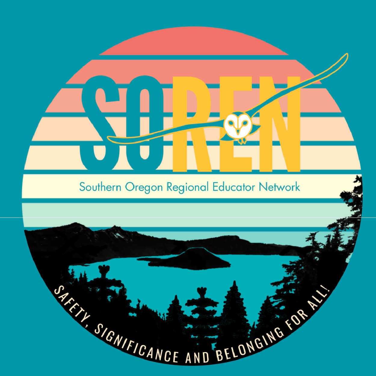 Logo for Southern Oregon Regional Educator Network featuring a stylized sunset over mountains and a lake, with a stylized owl and the text 'SOREN.'