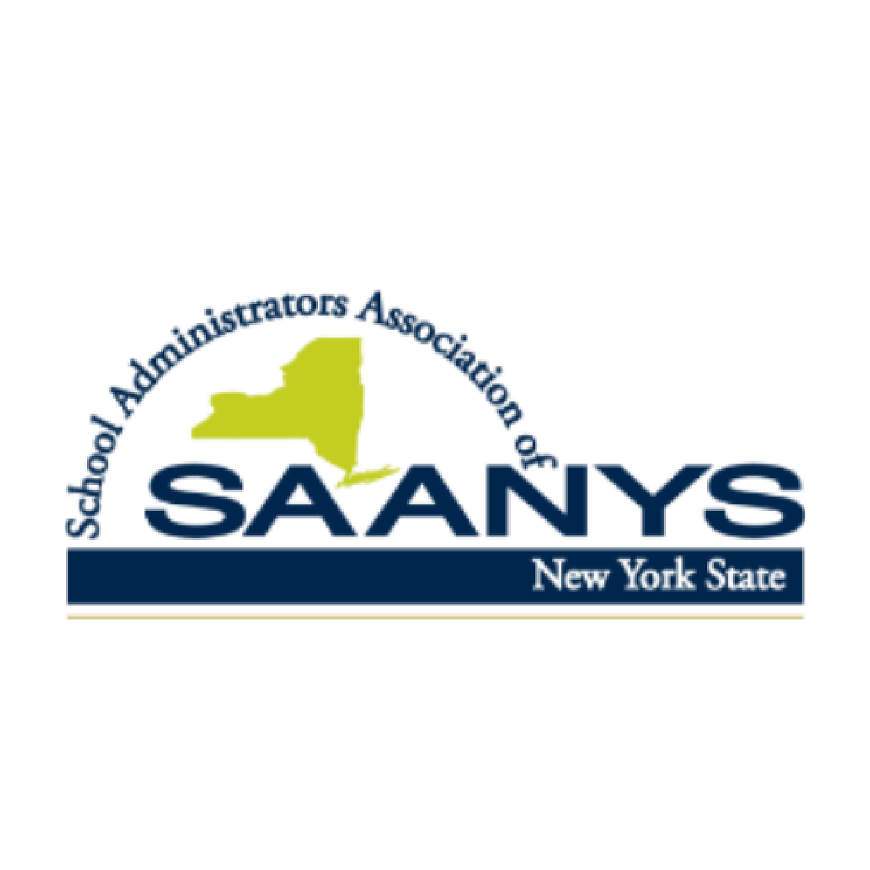 Logo of the School Administrators Association of New York State (SAA�YS), featuring a stylized map of New York State in green and the organization's name in navy blue, with a dark blue banner reading 'New York State'.
