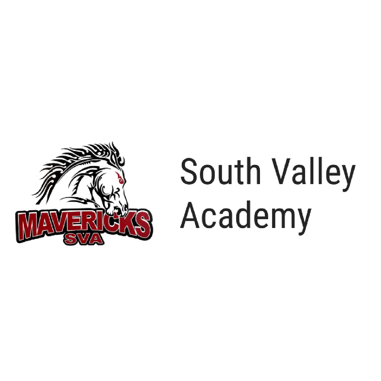 South Valley Academy logo featuring a stylized black and white horse head with a red marking on its forehead, and text reading 'MAVERICKS SVA' on the left and 'South Valley Academy' on the right.
