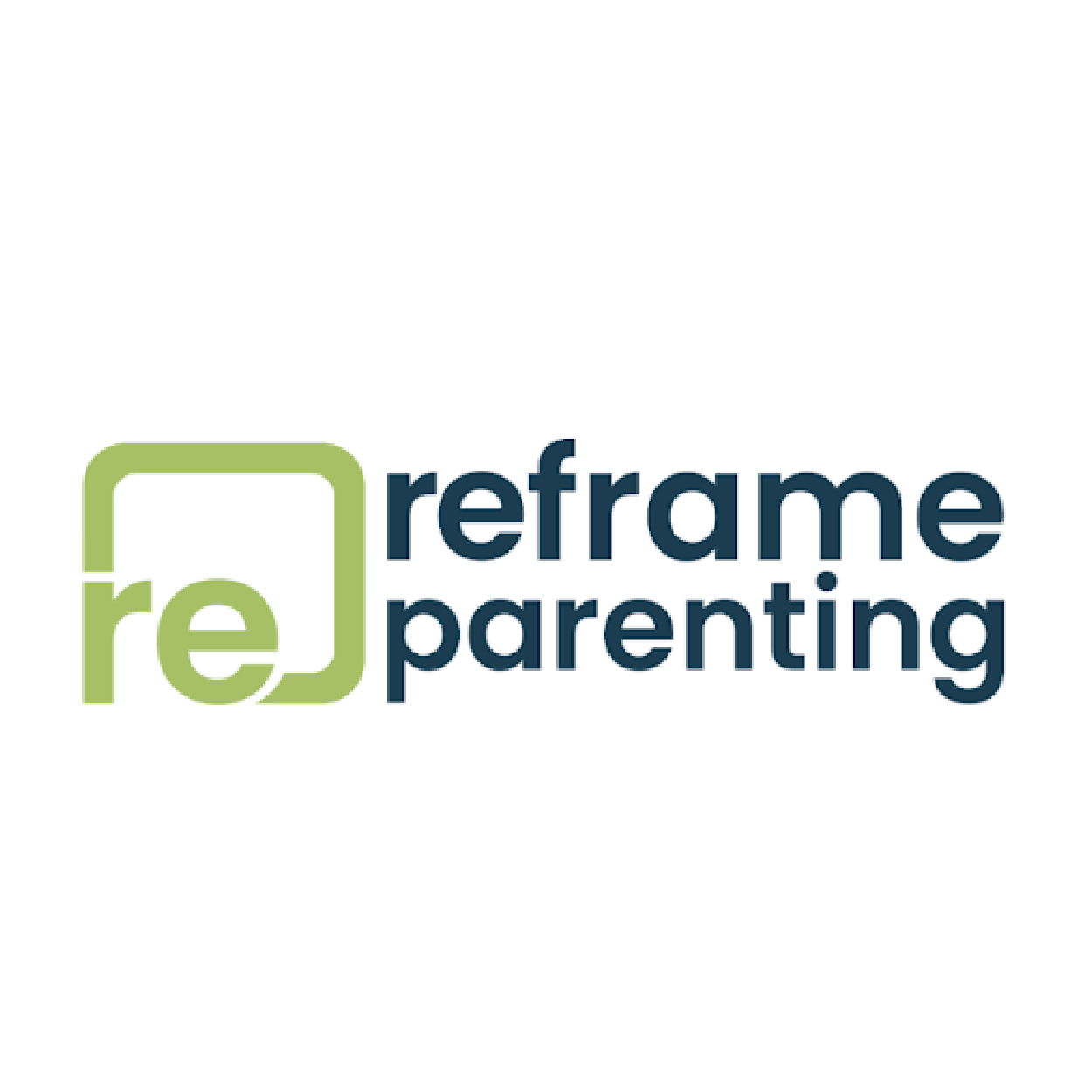 Logo for Reframe Parenting with a green stylized 're' inside a square and the words 'reframe parenting' in navy blue.