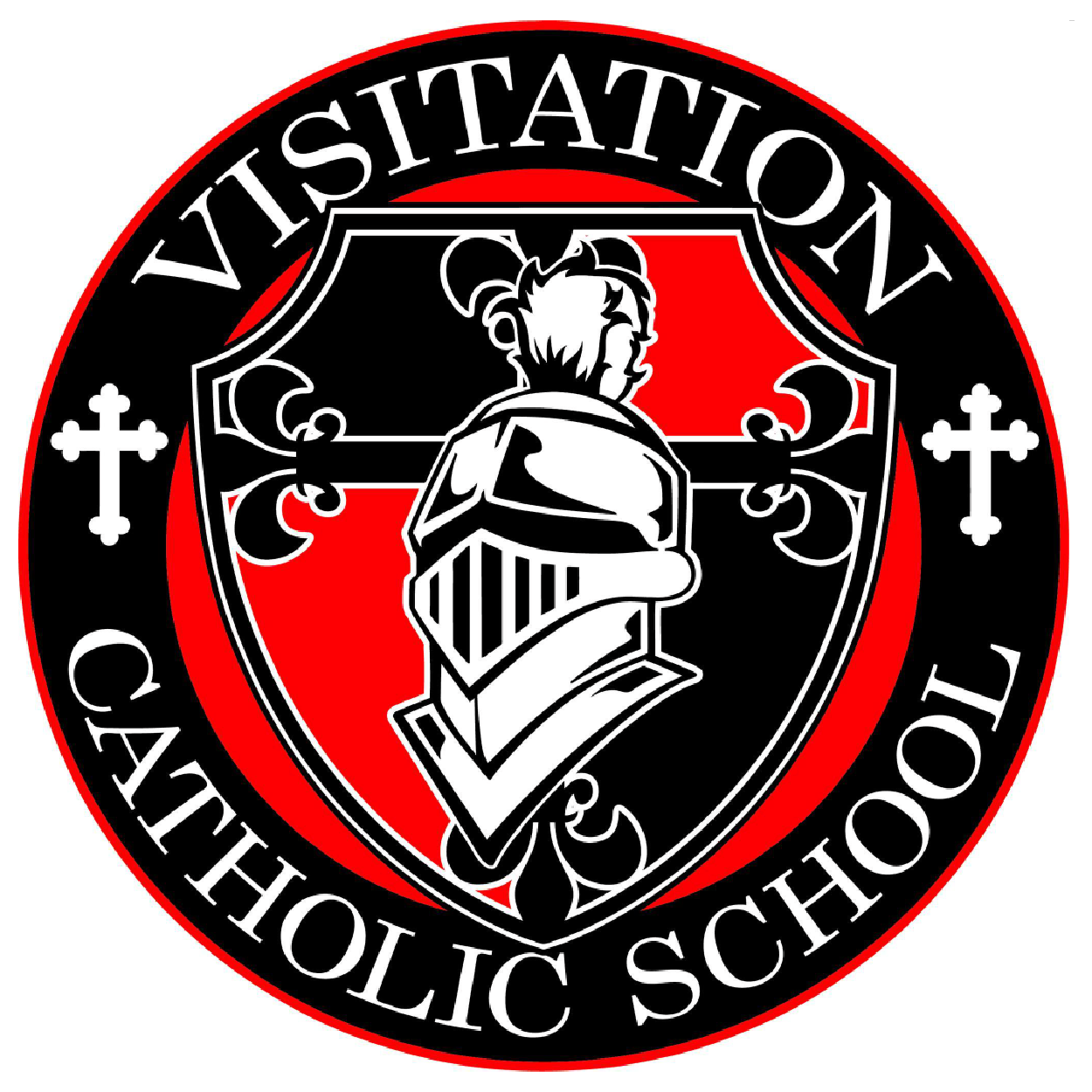 A school emblem with a black and red shield featuring a knight's helmet and a lion's face, surrounded by a circular border that reads 'VISTA POINT CATHOLIC SCHOOL' with two white crosses.