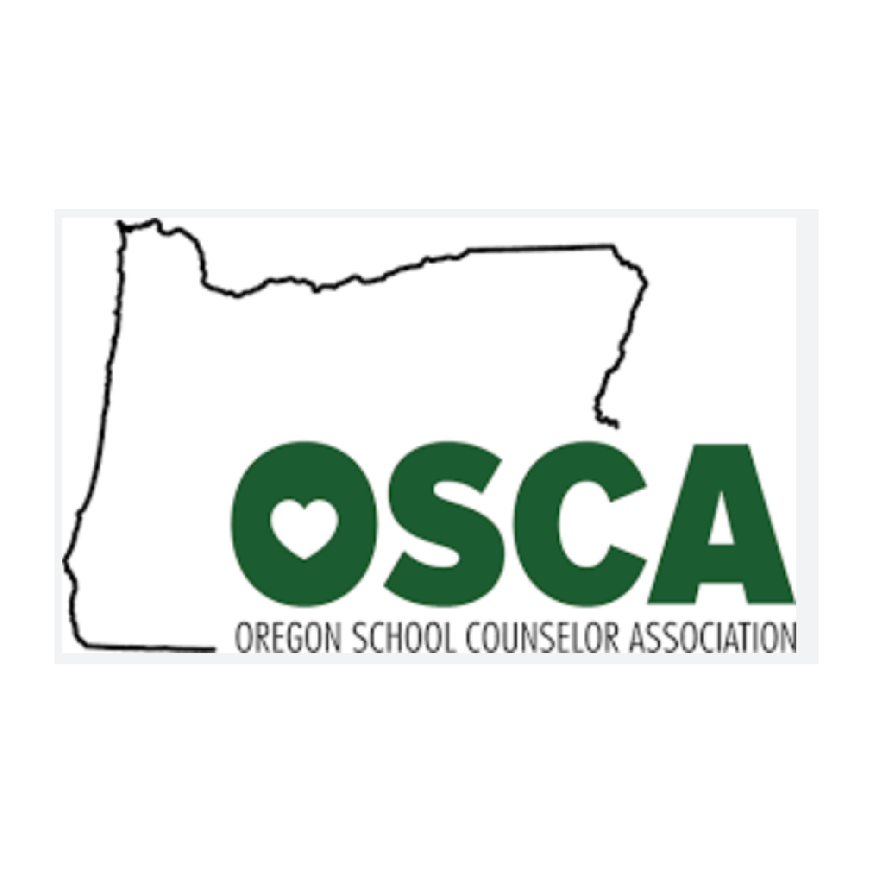 Outline of the state of Oregon with the acronym 'OSCA' and a heart symbol inside the letter 'O', representing the Oregon School Counselor Association.