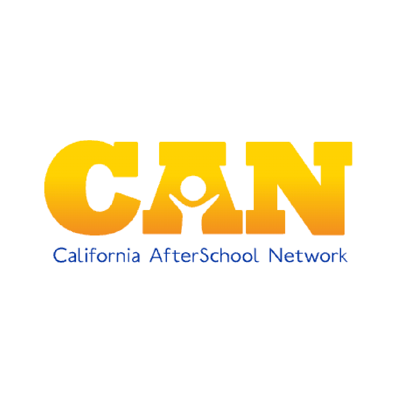 Logo of California AfterSchool Network with yellow and orange gradient text 'CAN' and a small figure with arms raised inside the 'A' and the text 'California AfterSchool Network' below.
