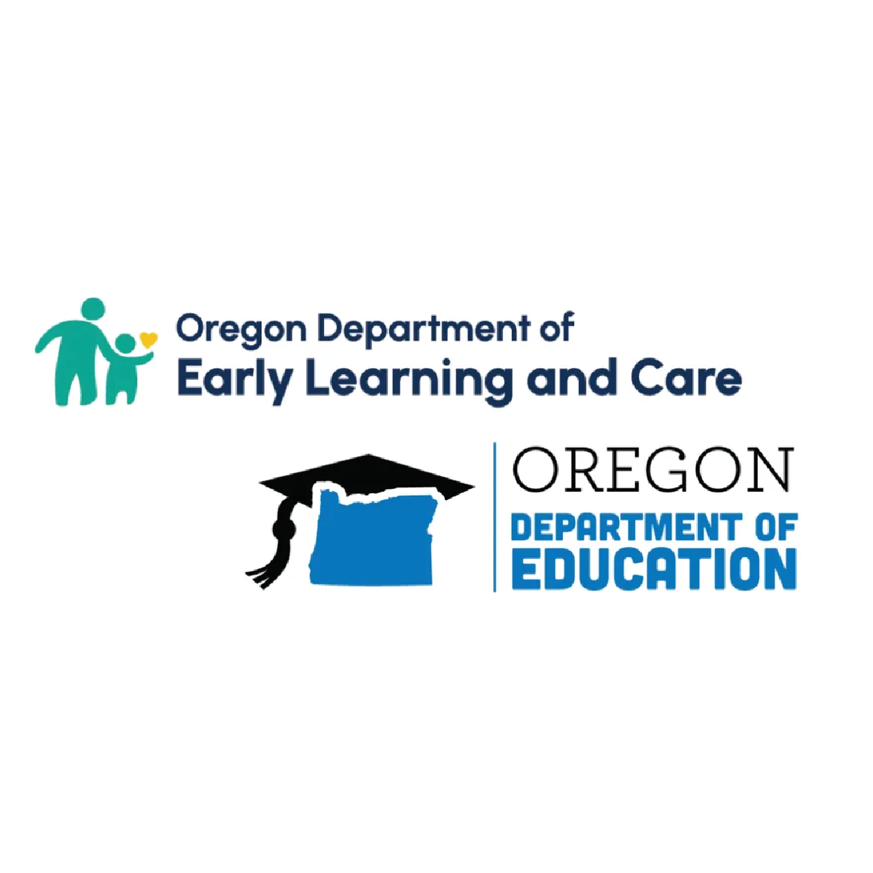 Logo of the Oregon Department of Early Learning and Care alongside the Oregon Department of Education logo with a stylized outline of the state of Oregon wearing a graduation cap.