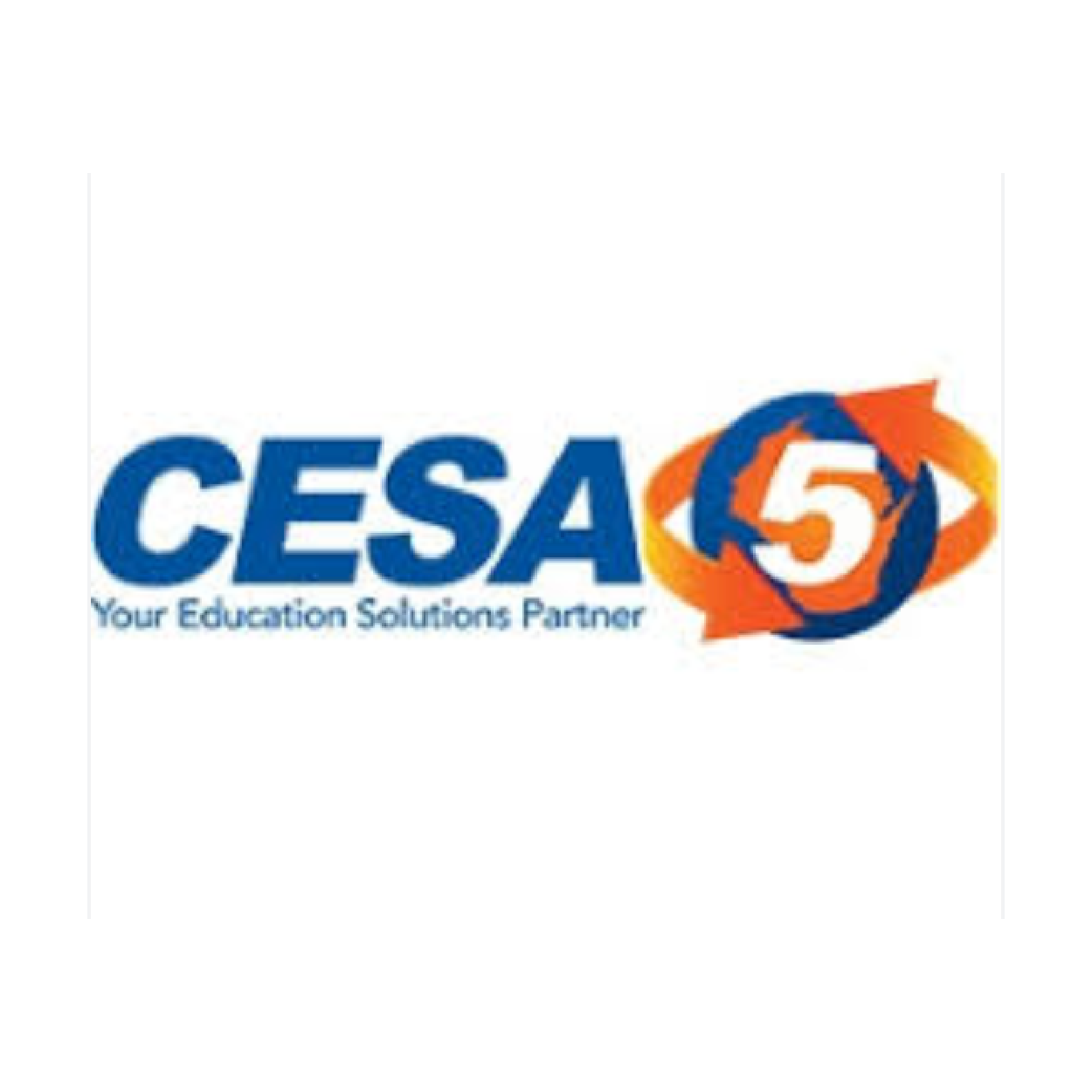 CESA 5 logo with the slogan "Your Education Solutions Partner" in blue text, featuring a circular emblem with the number 5 in the center and orange and blue arrow-like shapes surrounding it