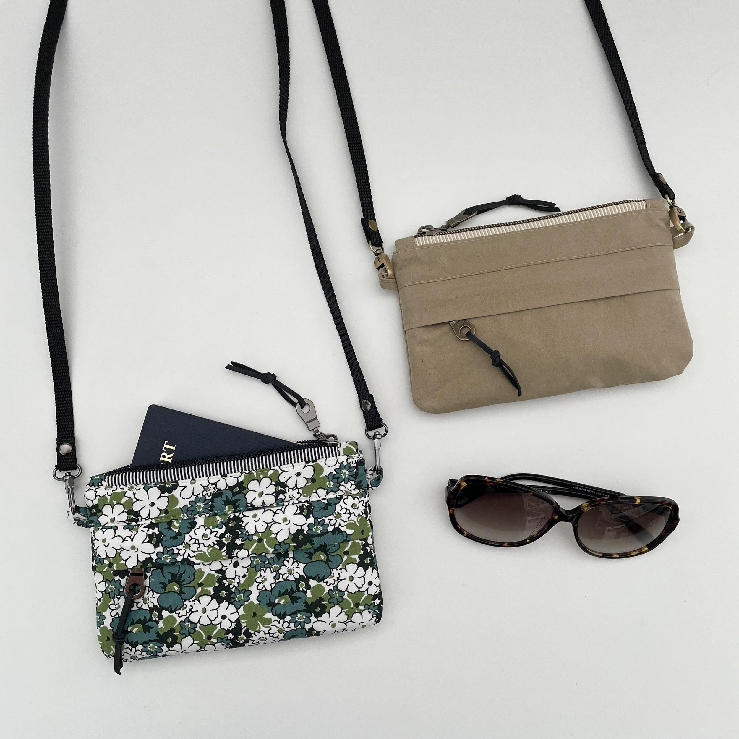 Small Ainsley Crossbody Bag makes for a perfect travel companion as it&rsquo;s just the right size to fit one&rsquo;s passport and a few necessities in. 

I used quilting cotton to make the floral bag and dry waxed canvas to make a stylish beige vers