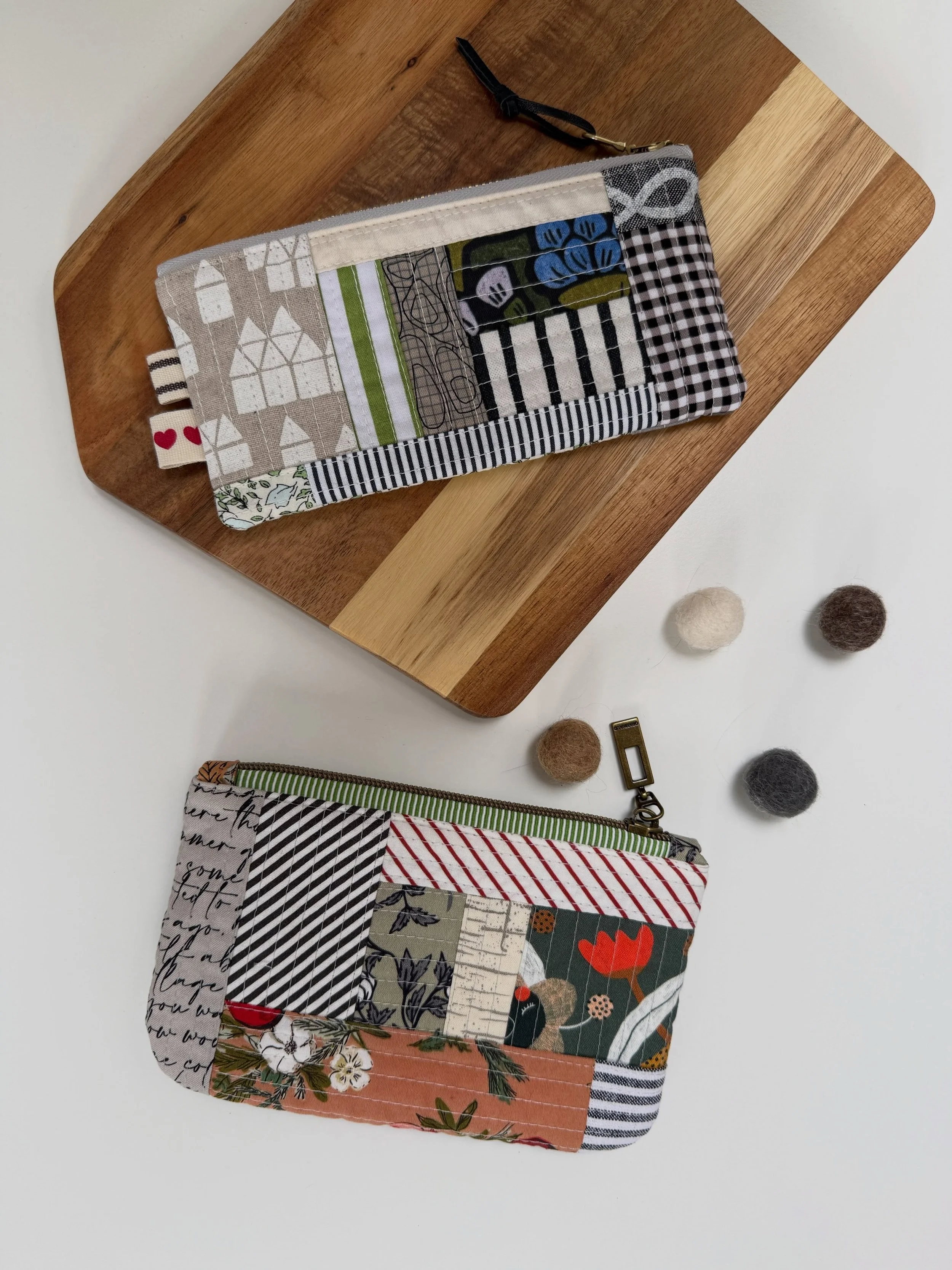 Is your scrap basket overflowing? Then sew even the tiny pieces of leftover fabric together (I went with a QAYG technique) and turn the finished patchwork slabs into unique, wonderfully practical zipper pouches.

Zippers by the foot make it easy to c