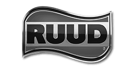 RUUD logo in black and grey on a curved background