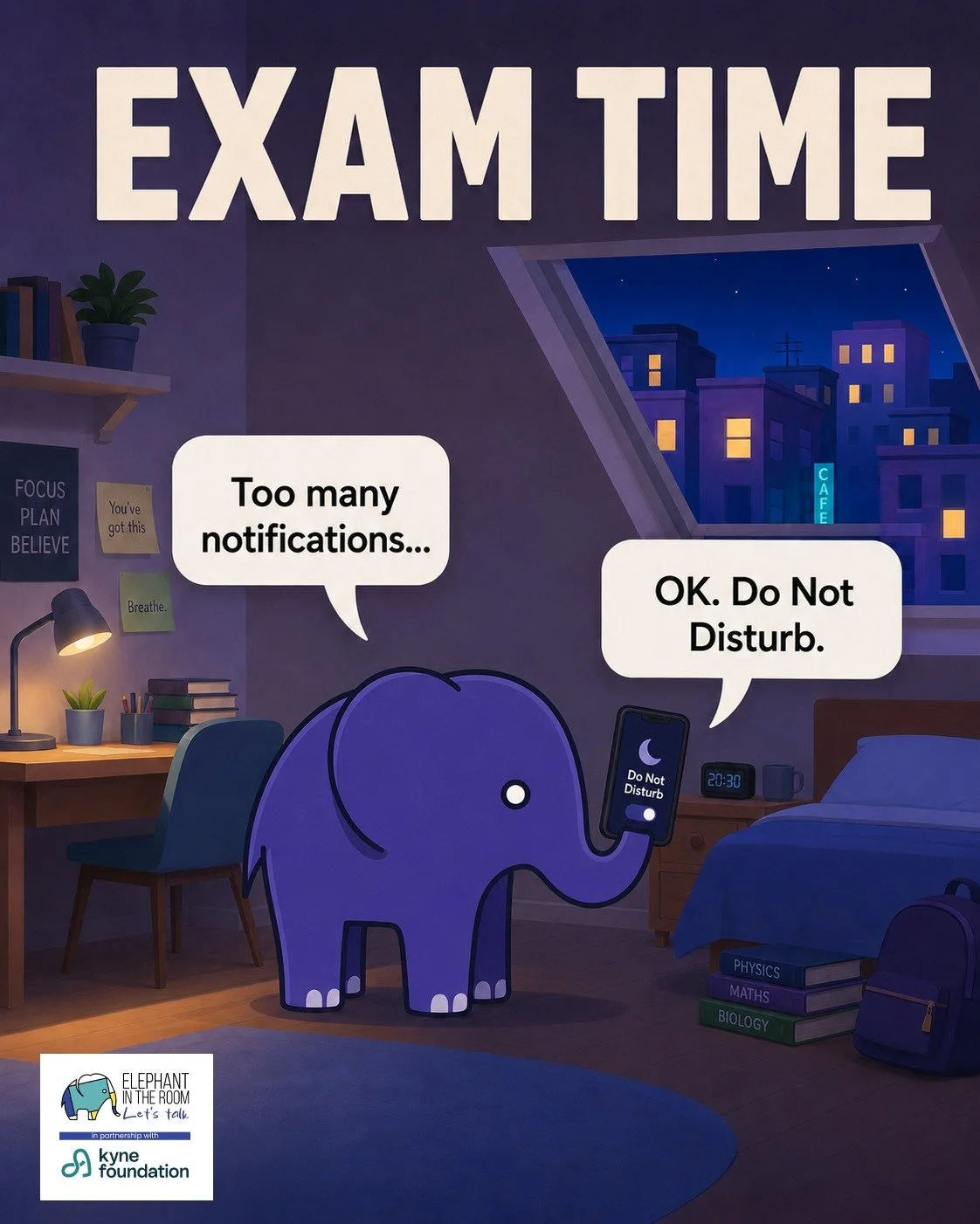 A small reminder for exam time:
it&rsquo;s okay to pause the noise and take things one step at a time. 💙🐘