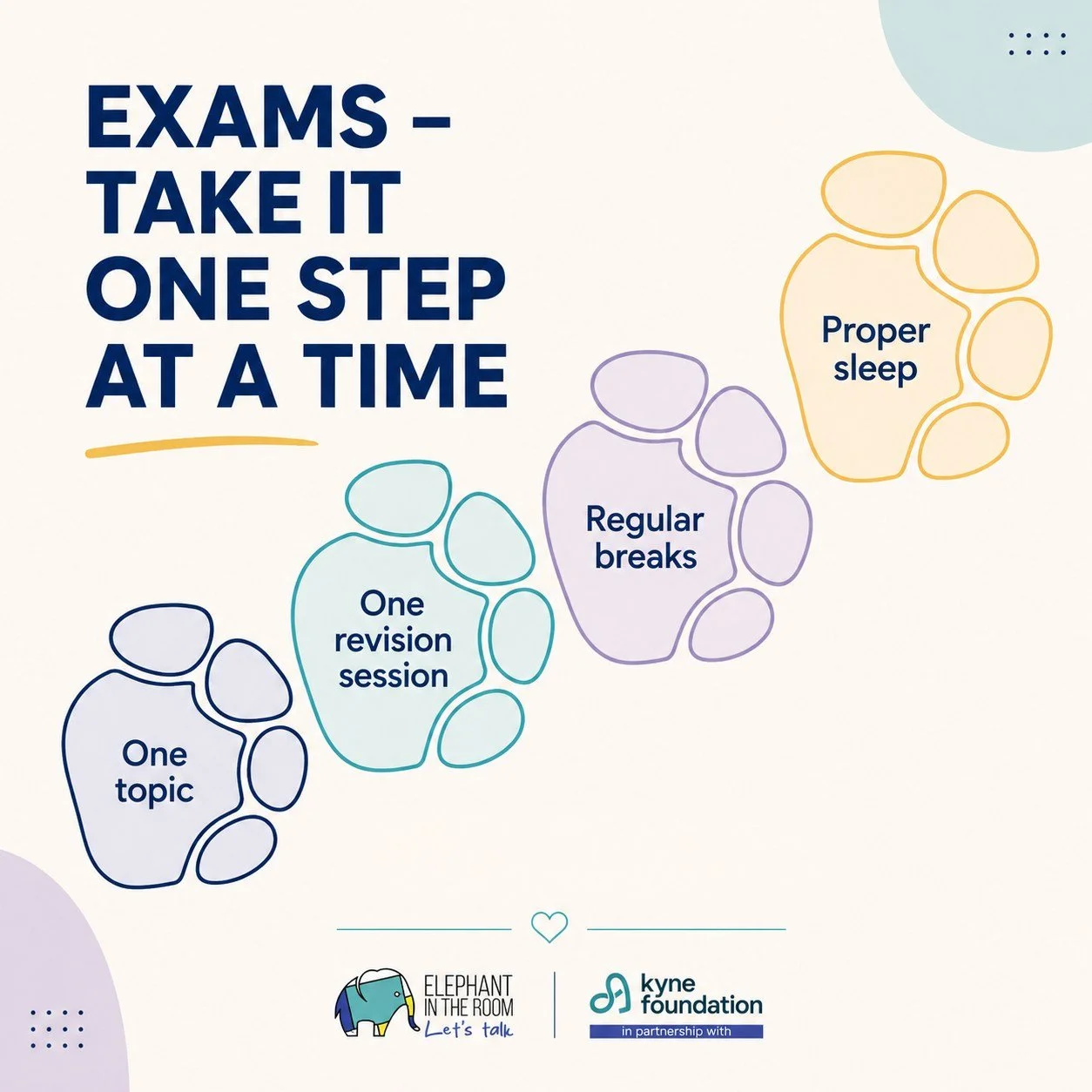 One topic.
One revision session.
Regular breaks.
Proper sleep.

Small steps count. 💙🐘

#elephantintheroommovement #kynefoundation #mentalhealthawareness
