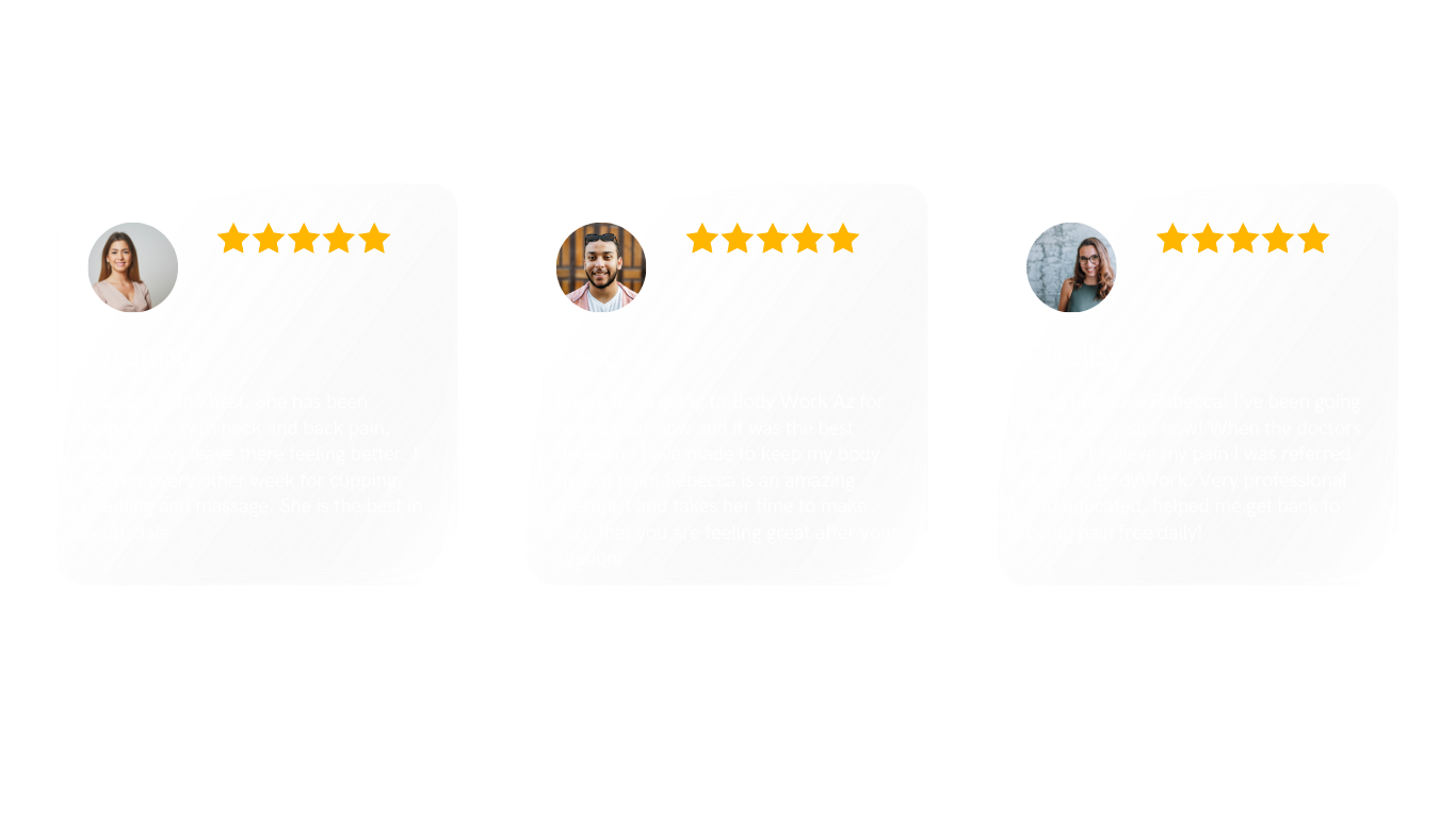 Three customer testimonials for a therapy or massage service, each with a photo, 5-star rating, and positive feedback from Brianna, Dex, and Shelby.