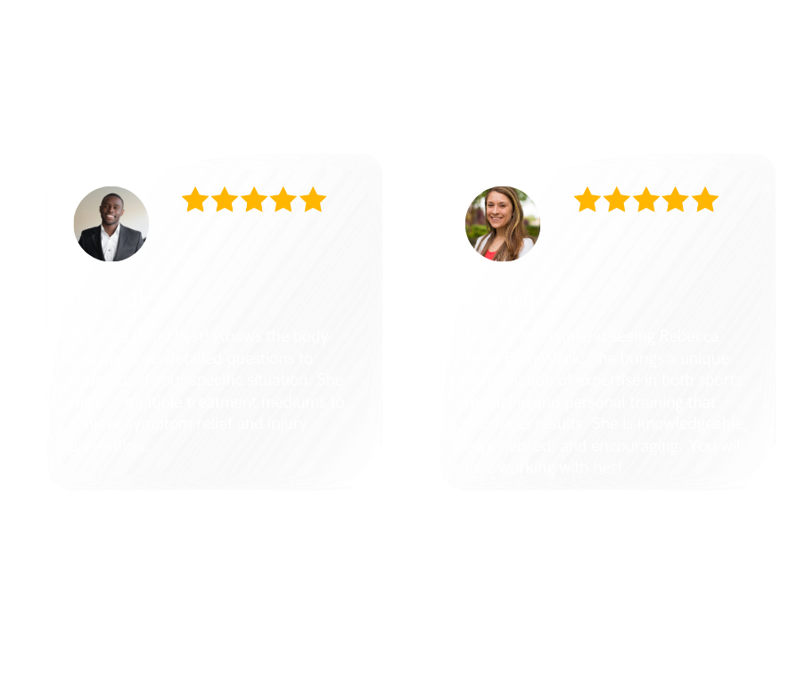 Customer reviews for Jamal and Kendi with five-star ratings. Jamal's review praises Rebecca's physical therapy expertise, while Kendi's review highly recommends Rebecca from BodyWork, highlighting her sports medicine and personal training background.