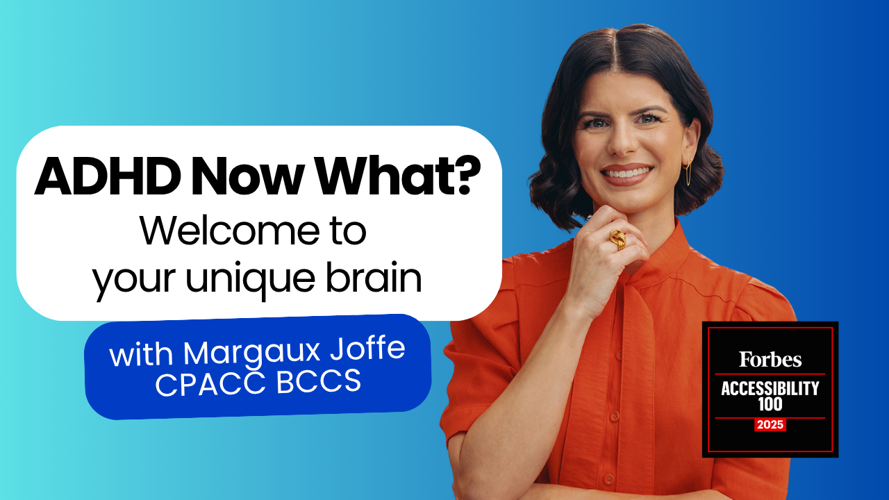 ADHD Now What? welcome to your unique brain with Margaux Joffe CPACC BCCS Photo of Margaux smiling wearing a vibrant orange blouse with a neck tie