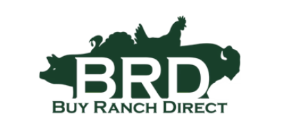 Logo with silhouettes of a pig, cow, sheep, and horse above the text 'BRD Buy Ranch Direct' in green.