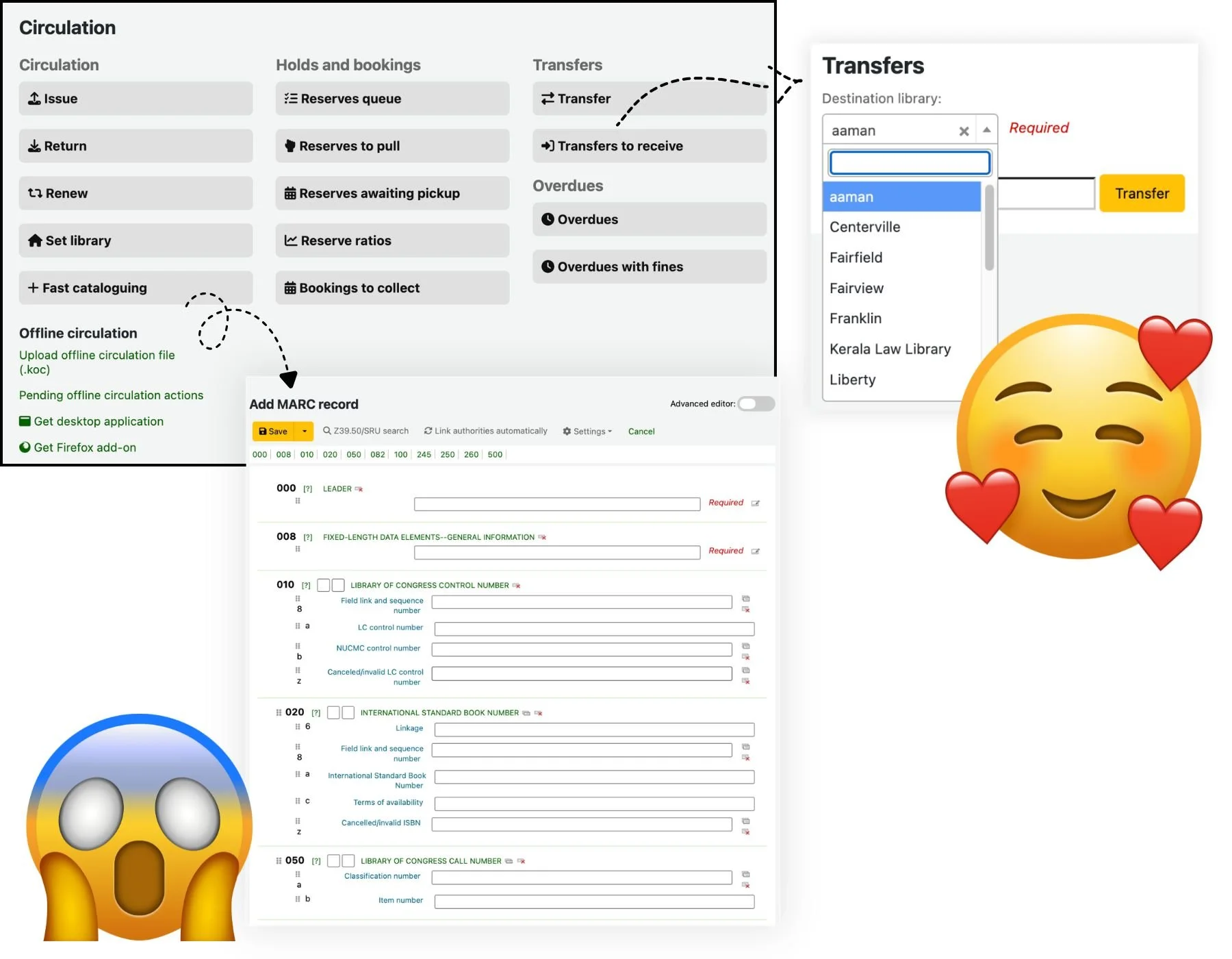 screenshots showing transfer and marc records