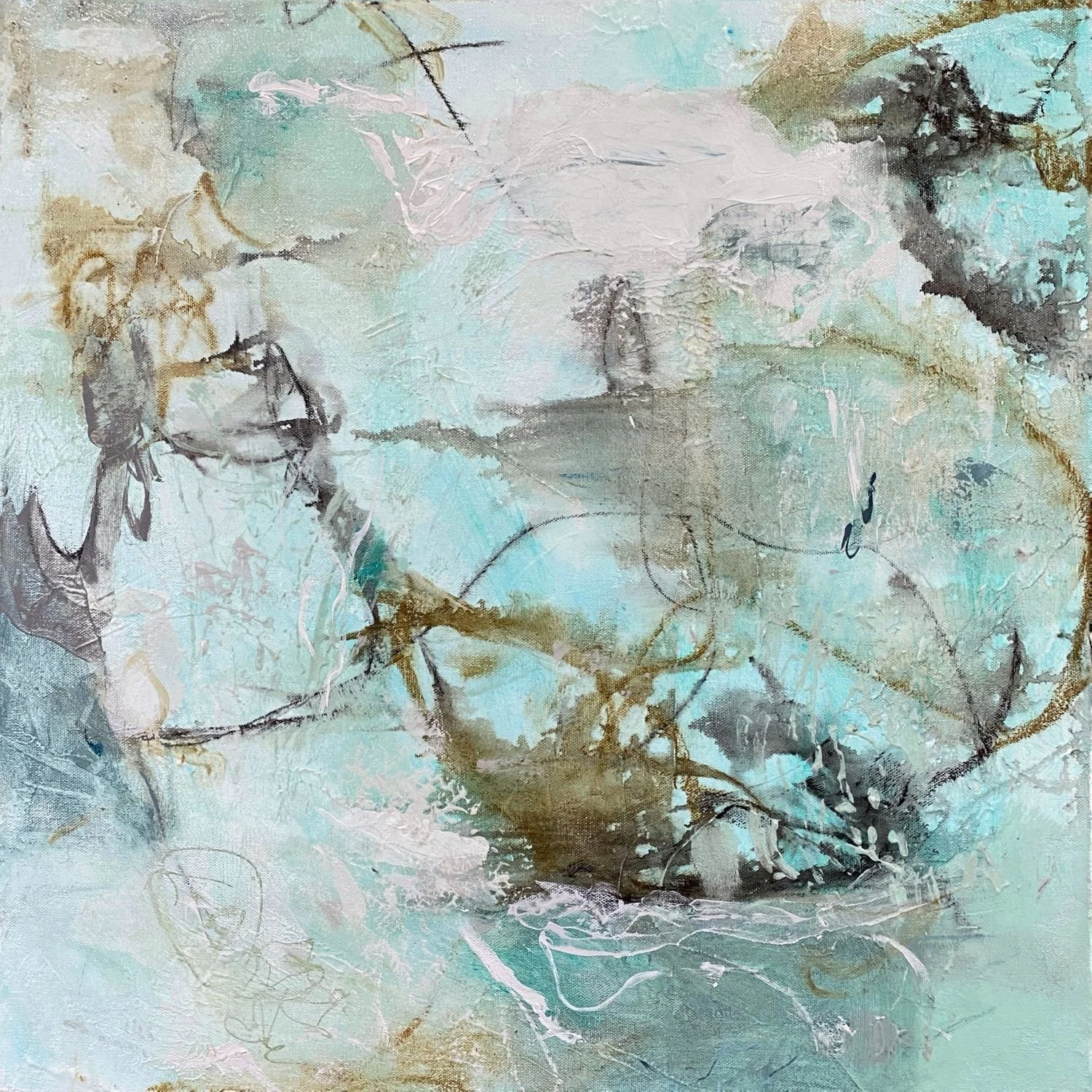 "Elements of a Living Sea." Acrylic & Mixed Media on Gallery Canvas. " 24x24x1.5" $620 Elements of a Living Sea explores the complexity and vitality of marine ecosystems through layered abstract forms inspired by coastal waters and interconnected lif