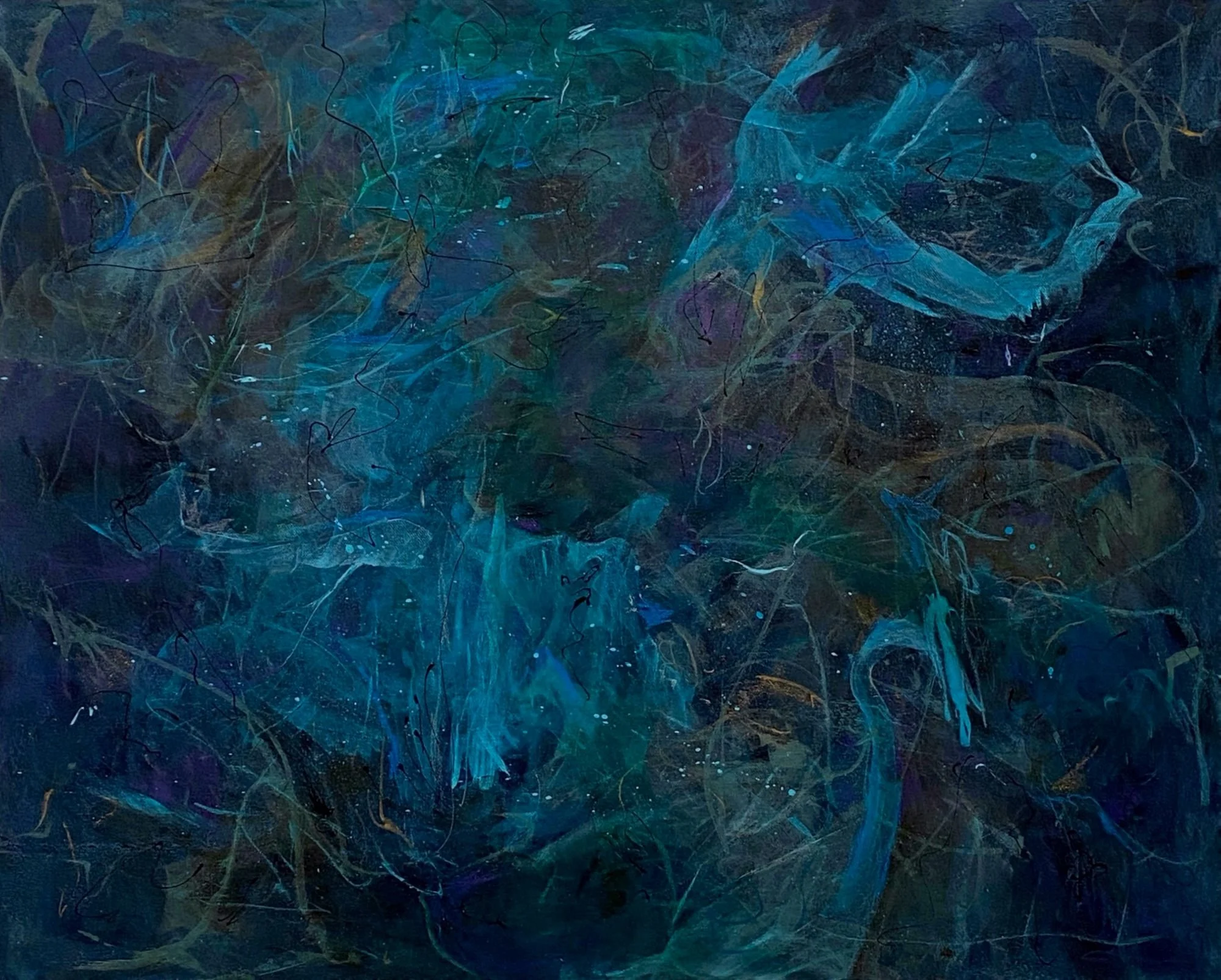 "Floating in the Night Sky." Acrylic and mixed media on 30 x 24 x 1 1/2" gallery canvas. $780. Can be hung vertically or horizontally. 
This painting was selected for the "Night Moves" online exhibition of Art Fluent, May 2026.
Floating in the Night 