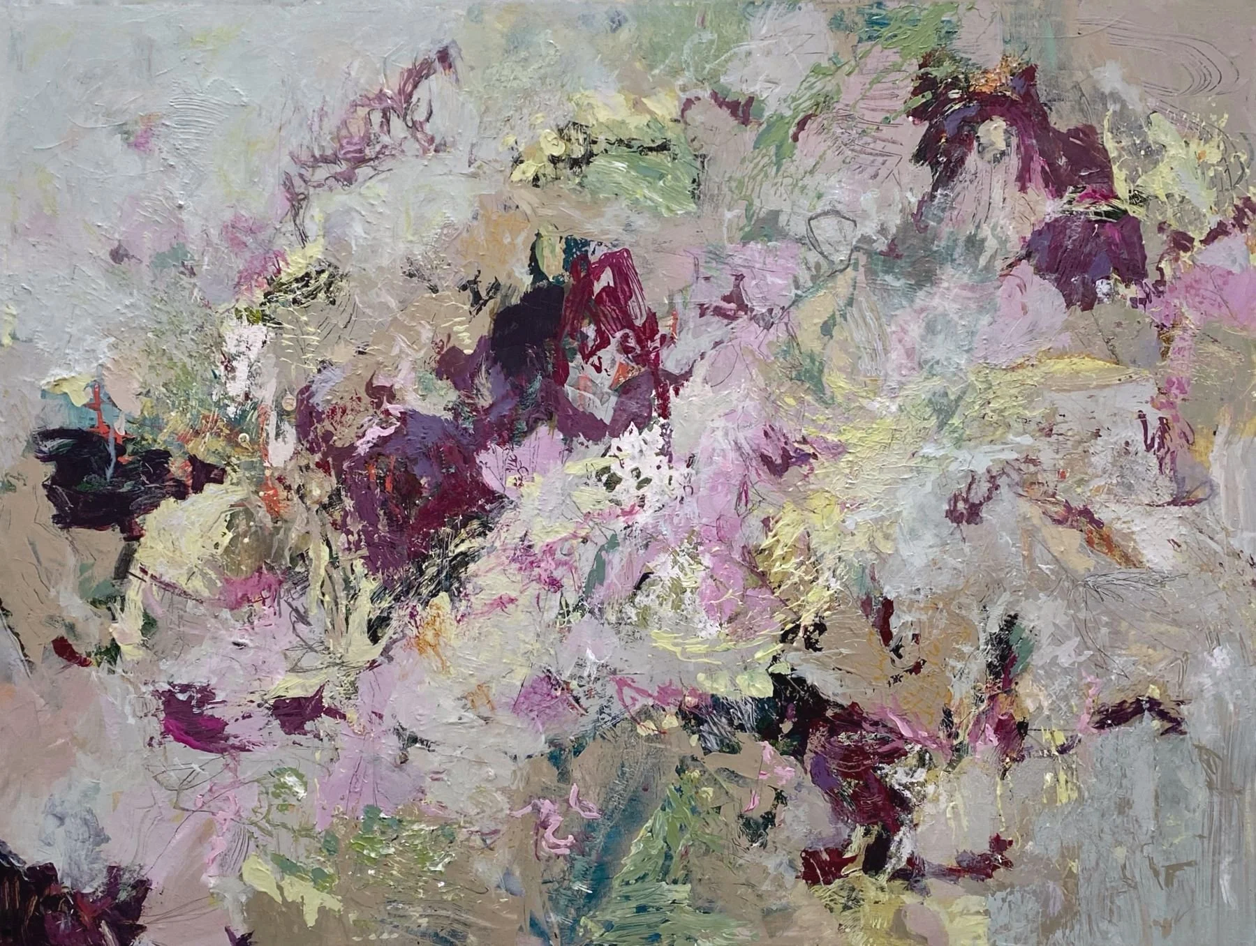 "Spring Ensemble." Acrylic and mixed media on 36 x 48 x 1 1/2" gallery canvas. $1650. 2026