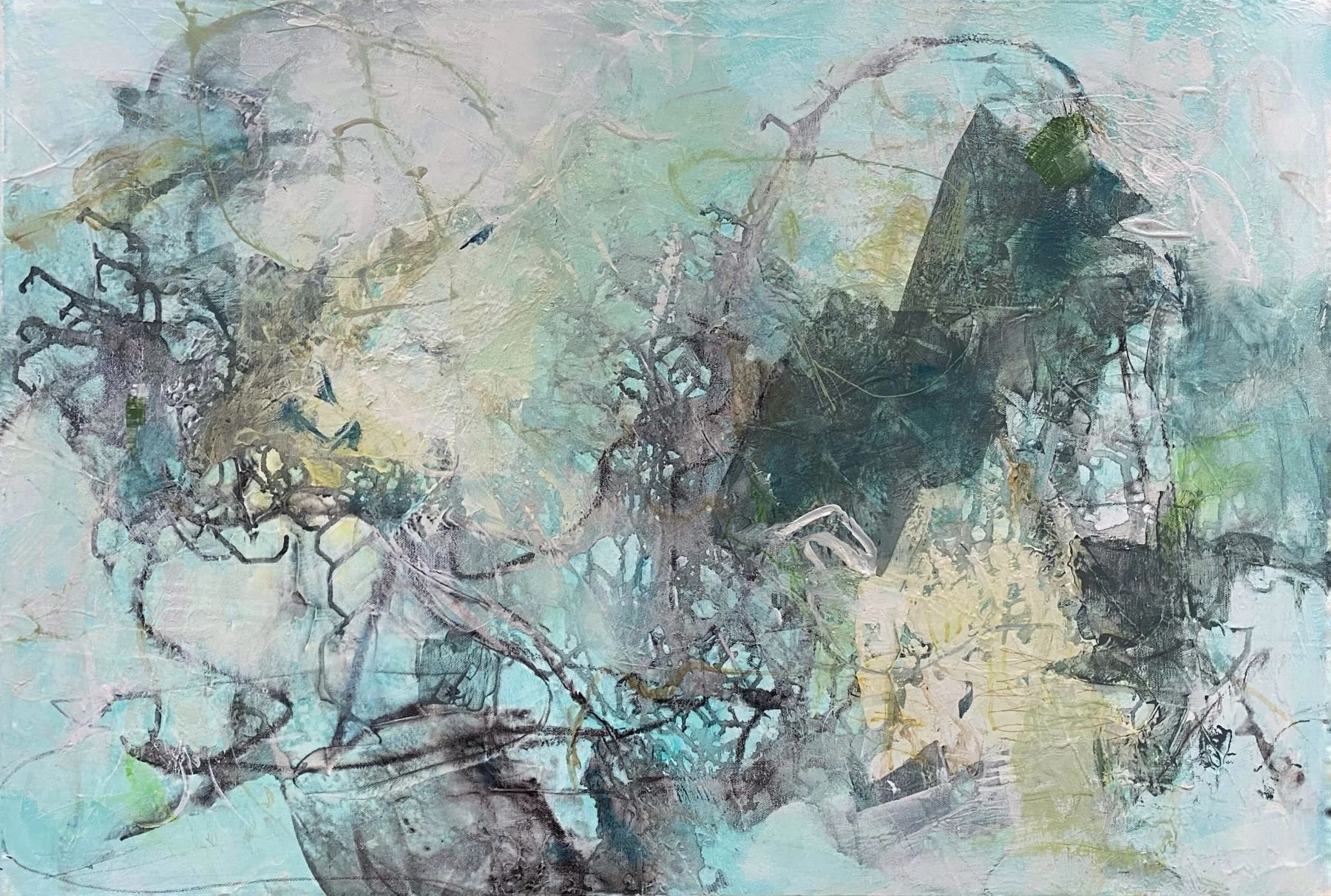 "Connections." Acrylic & Mixed Media on Gallery Canvas. 24x36x1.5" $875 
Connections explores the relationships that link living systems, water, place, and memory through layered abstract forms and organic movement.