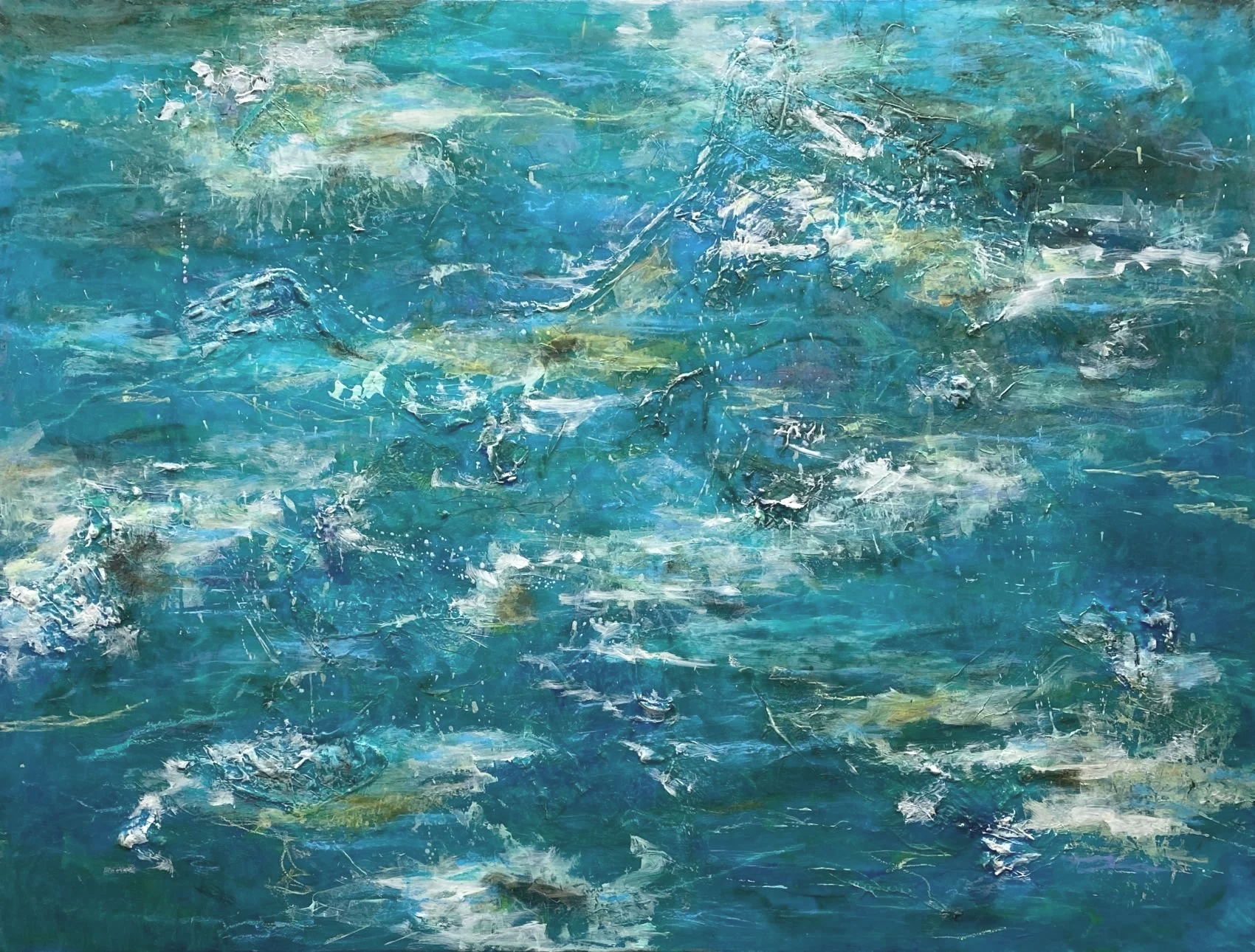 "Öcean Therapy." Acrylic & Mixed Media on 36x48" gallery canvas. $1600. This painting evokes sensations of gentle rocking on ocean waves, a sea breeze in the sails, and the almost transparent turquoises of southern seas.