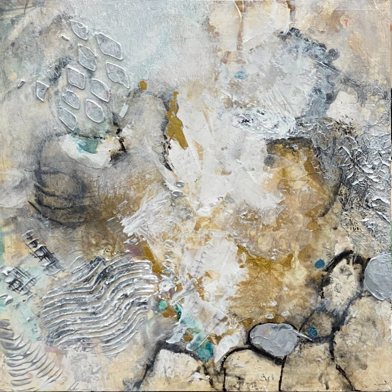 "Stepping stones." 10x10x1.5" Acrylic and mixed media on cradled panel. 2023 $275