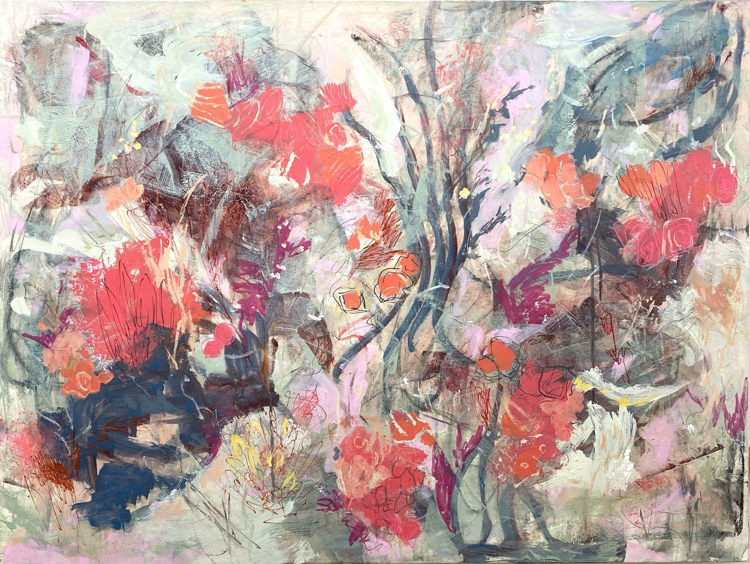 "Splendour in the Grass." Acrylic & Mixed Media on Gallery Canvas. 36x48" $1650. 
Splendour in the Grass celebrates the richness and diversity of natural ecosystems through layered abstract forms inspired by wildflowers and thriving landscapes.