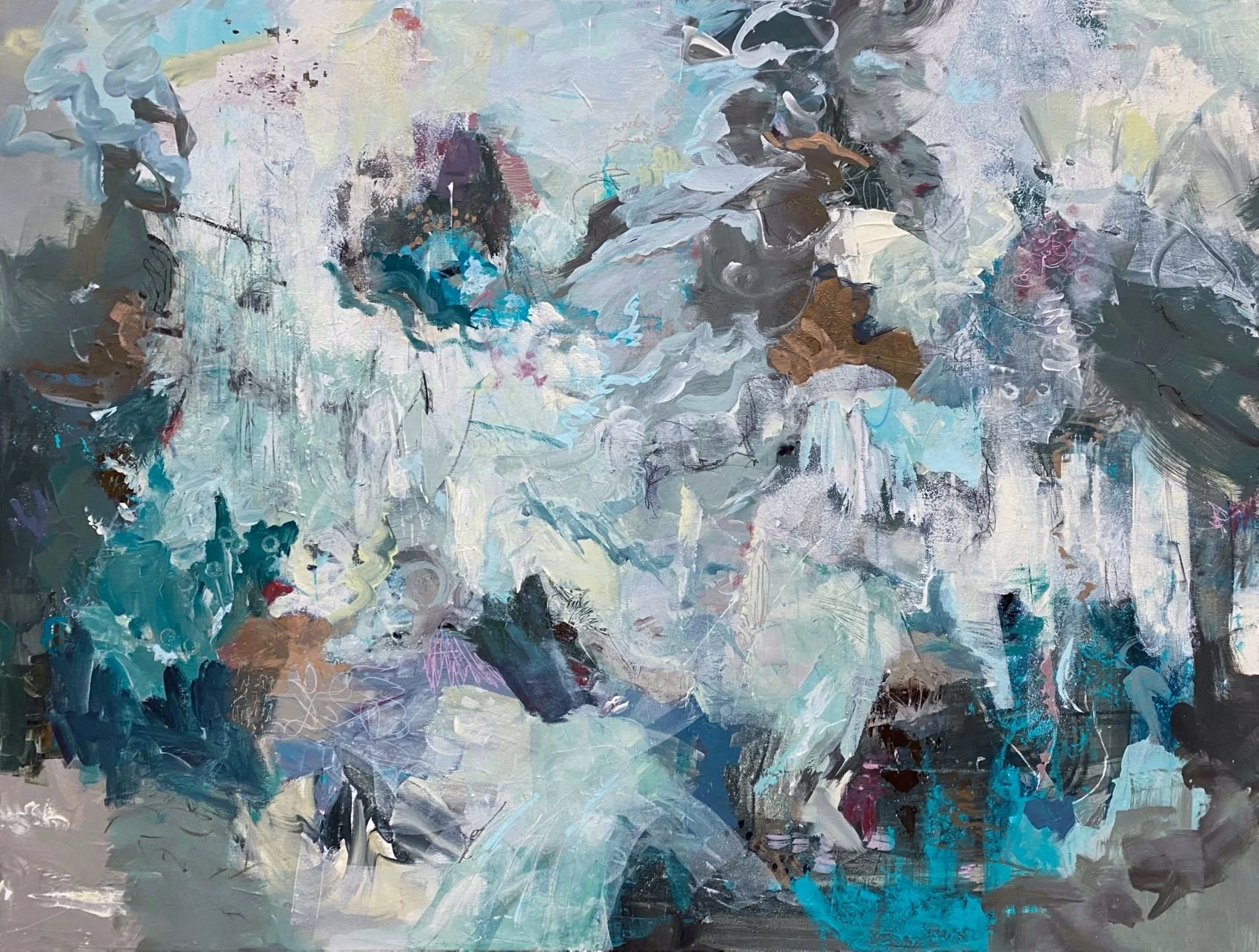 "Sing in Winter Blues." Acrylic and mixed media on 30 x 40 x 1 1/2" gallery canvas. $1200. 
Sing in Winter Blues captures the atmosphere of winter through layered abstract forms inspired by light, weather, and seasonal transformation.