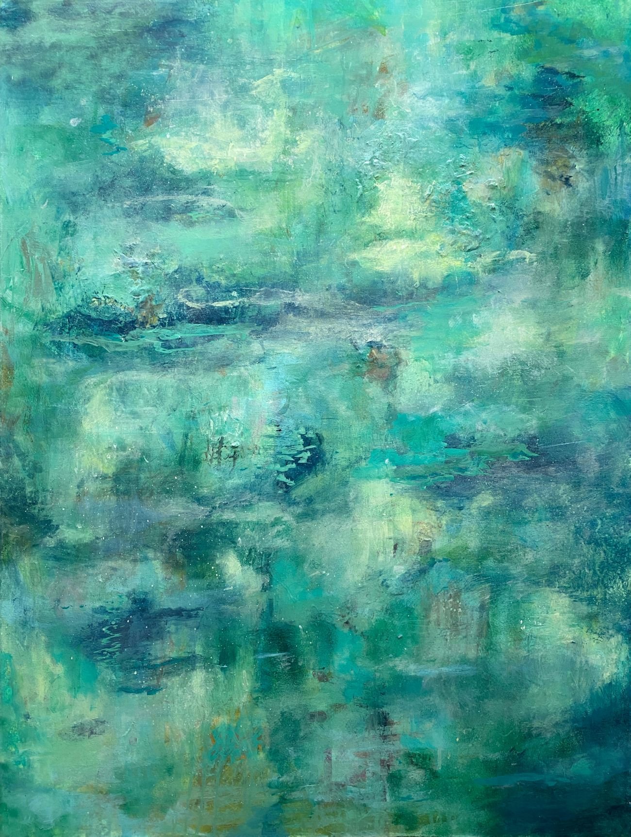 "A Meditation on Still Waters." Acrylic & Mixed Media on 40x30" gallery canvas. $780. A Meditation on Still Waters explores calmness and reflection through luminous layers of turquoise, aqua, and blue. Inspired by water and atmosphere, the painting i