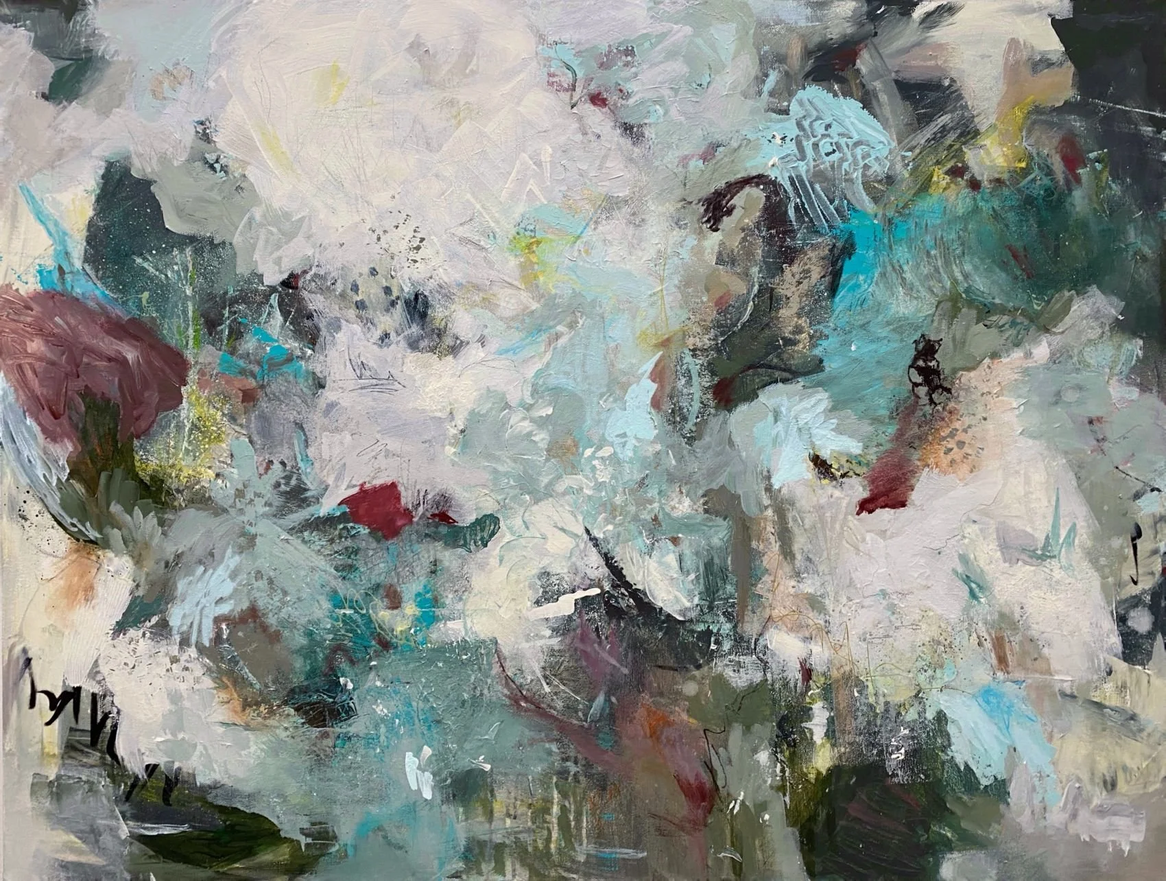 "Let It Go." Acrylic and mixed media on 30 x 40 x 1 1/2" gallery canvas. $1200. 
Let It Go explores release and renewal through layered abstract forms inspired by nature's cycles of change, resilience, and growth. It also resonates with human cycles 